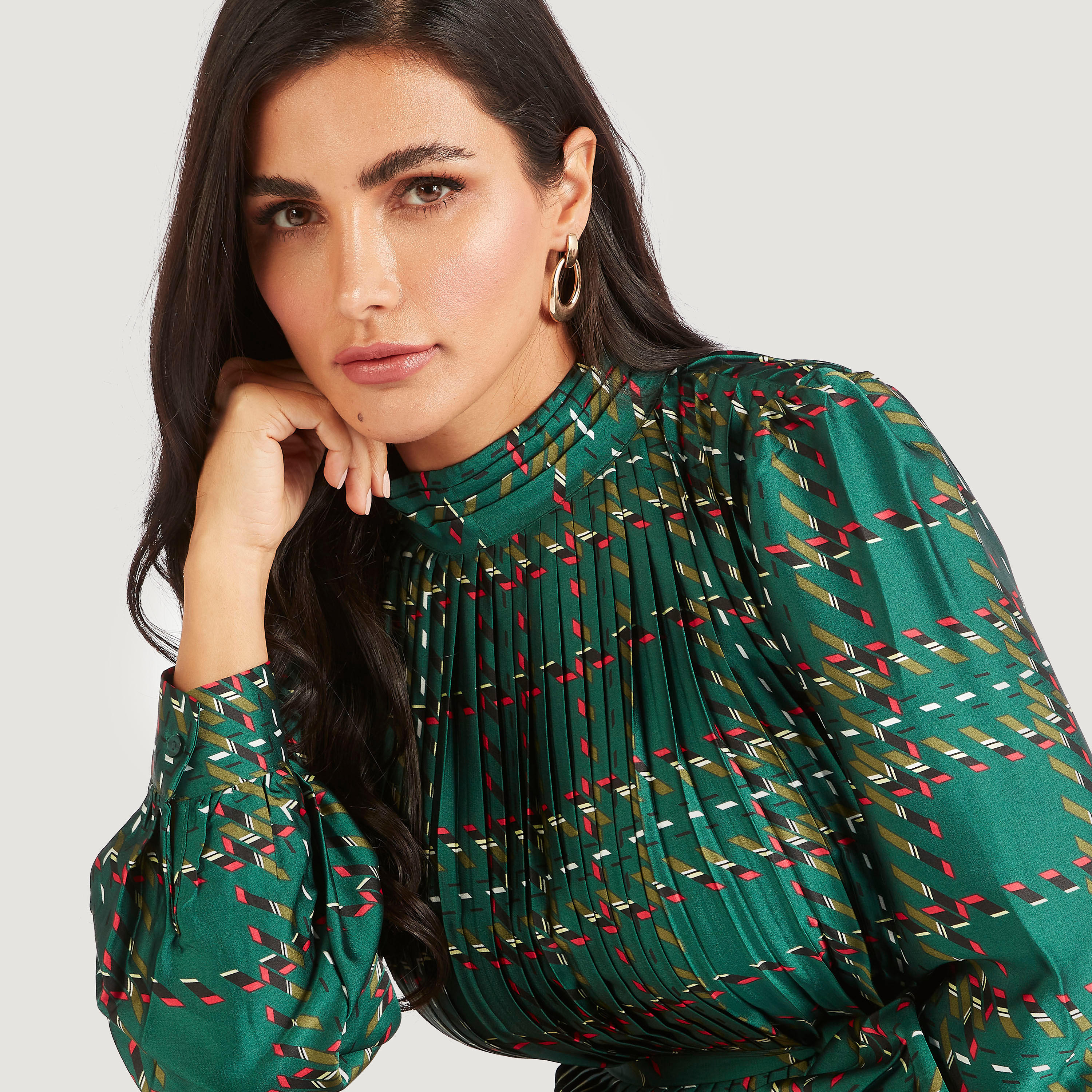 فستان ميدي إيه لاين بكُسرات وحزام رباط وأكمام طويلة-women-clothing-dresses-image-3