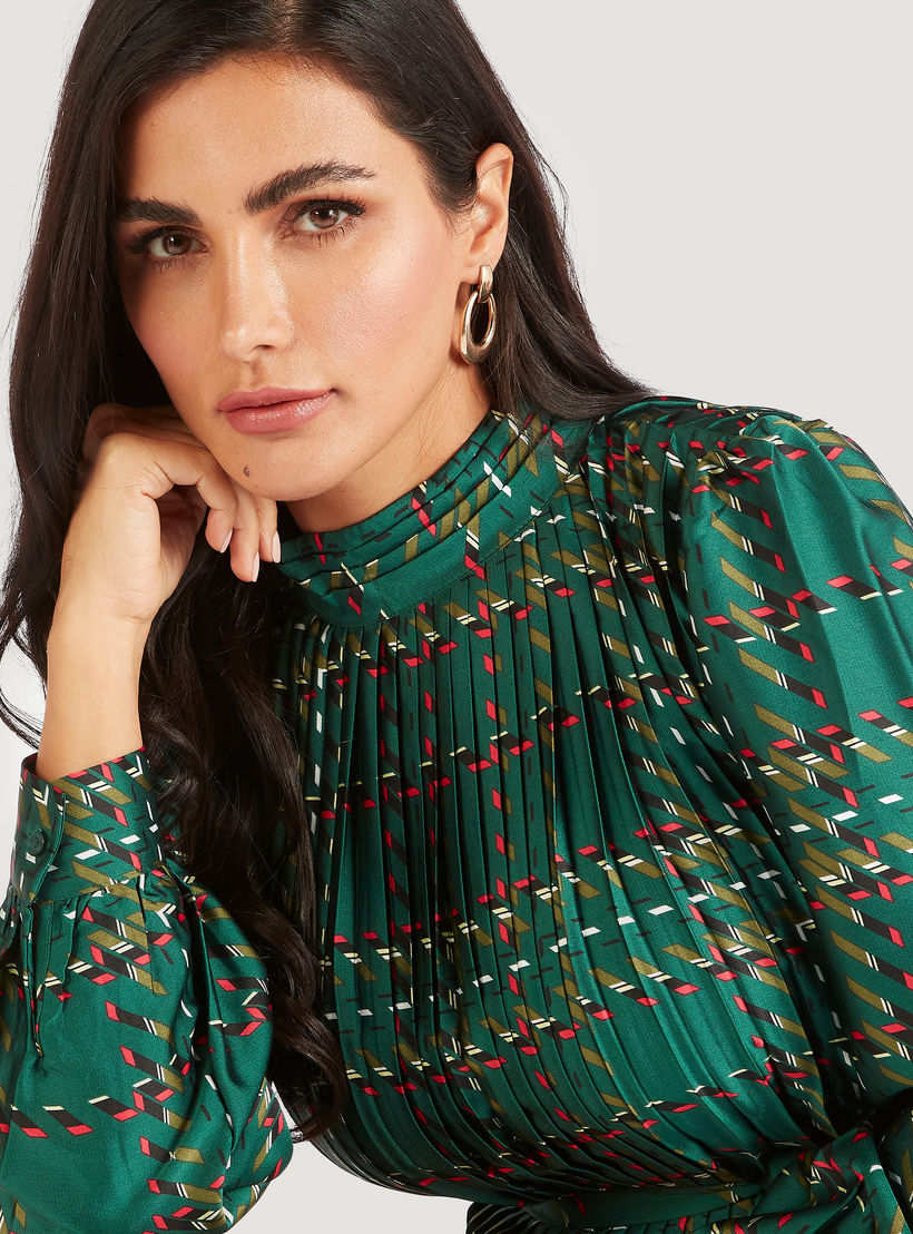 فستان ميدي إيه لاين بكُسرات وحزام رباط وأكمام طويلة-women-clothing-dresses-image-3