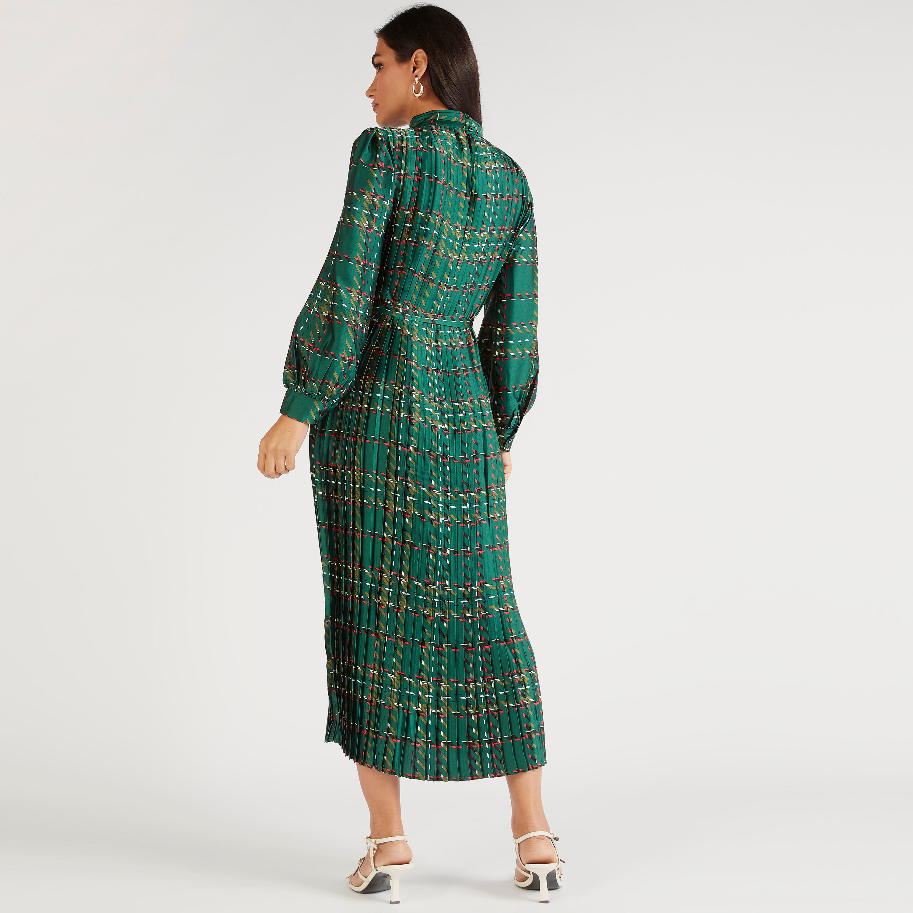 فستان ميدي إيه لاين بكُسرات وحزام رباط وأكمام طويلة-women-clothing-dresses-image-4