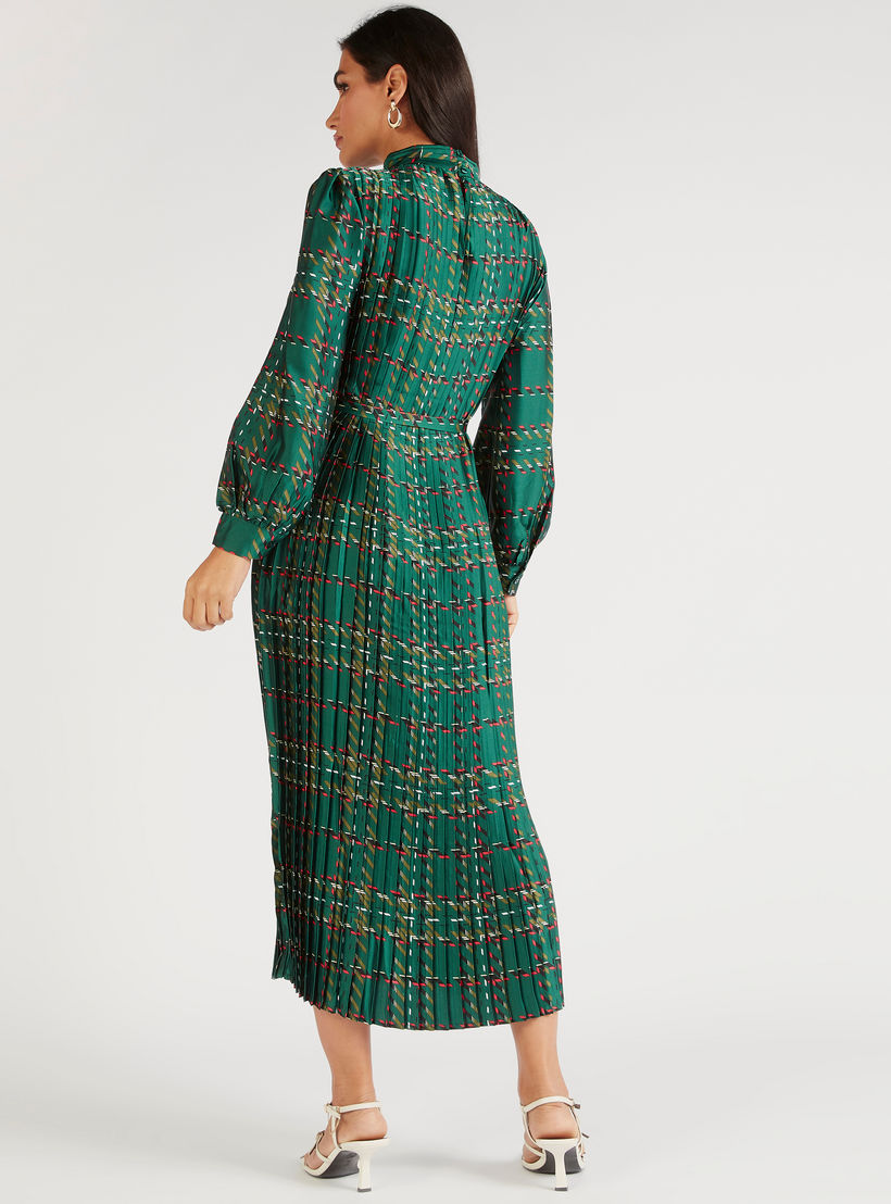 فستان ميدي إيه لاين بكُسرات وحزام رباط وأكمام طويلة-women-clothing-dresses-image-4