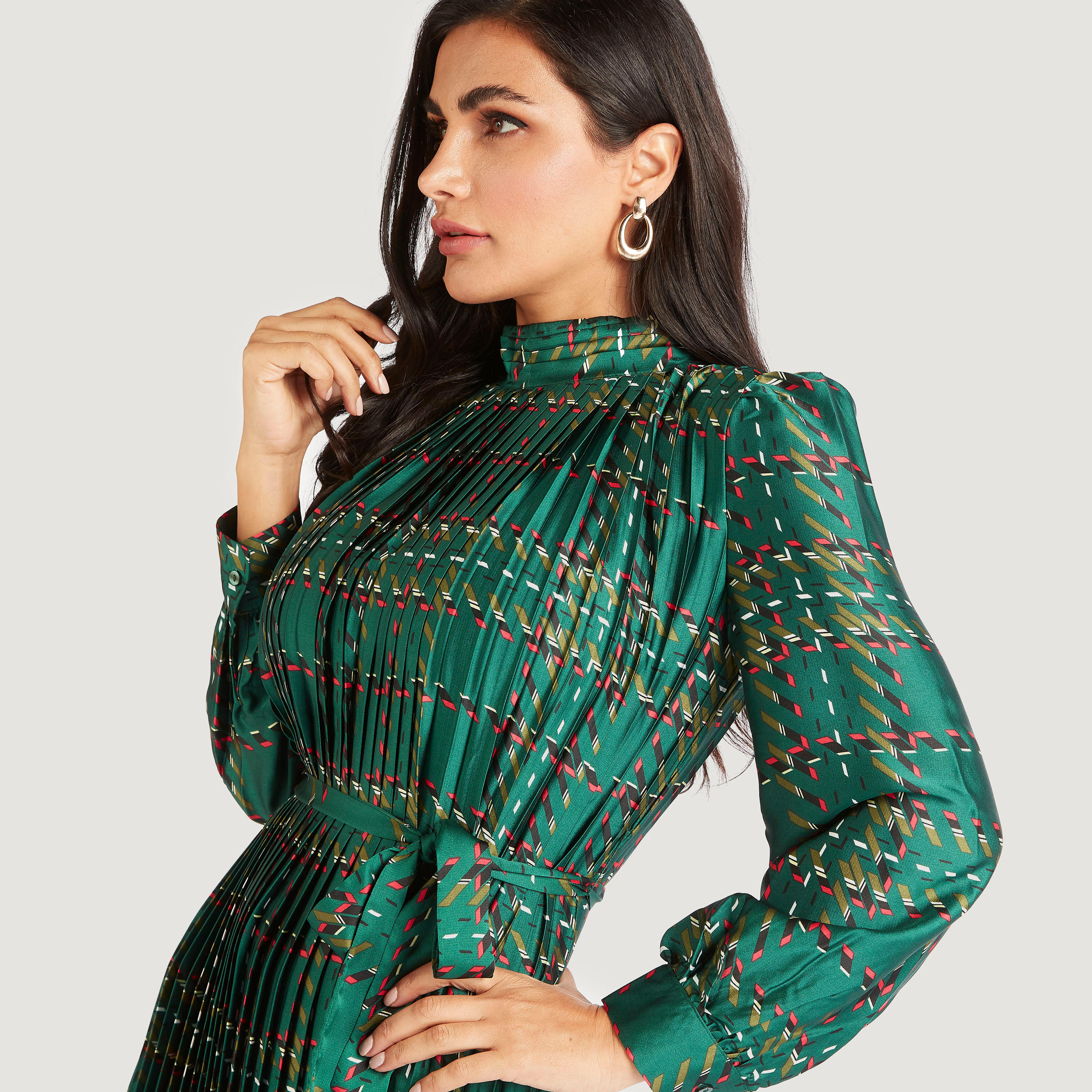 فستان ميدي إيه لاين بكُسرات وحزام رباط وأكمام طويلة-women-clothing-dresses-image-5