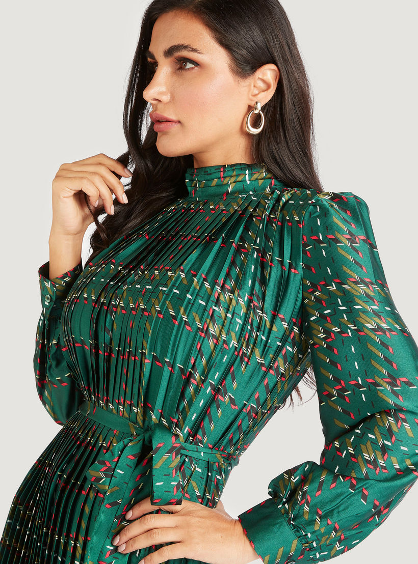 فستان ميدي إيه لاين بكُسرات وحزام رباط وأكمام طويلة-women-clothing-dresses-image-5
