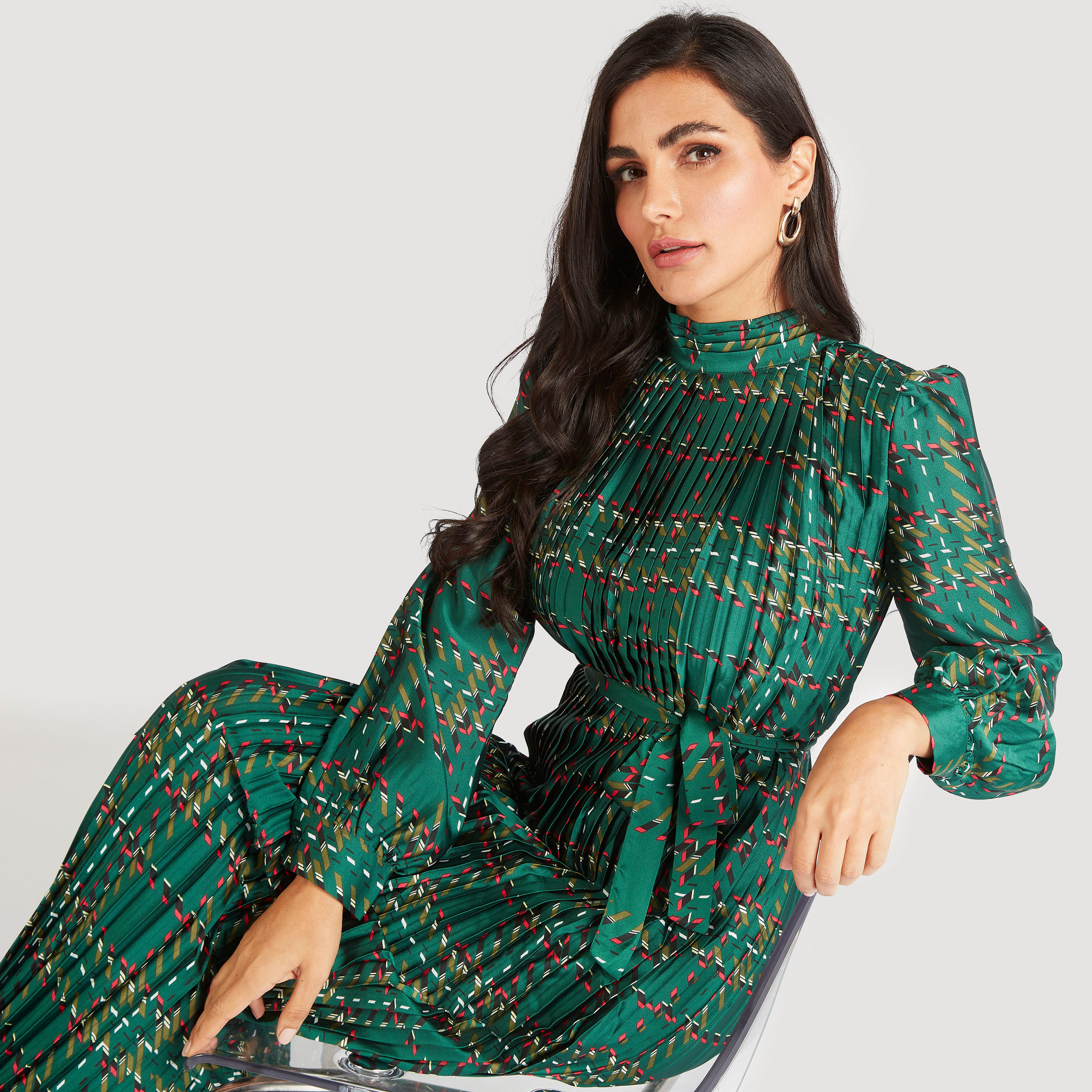 فستان ميدي إيه لاين بكُسرات وحزام رباط وأكمام طويلة-women-clothing-dresses-image-6