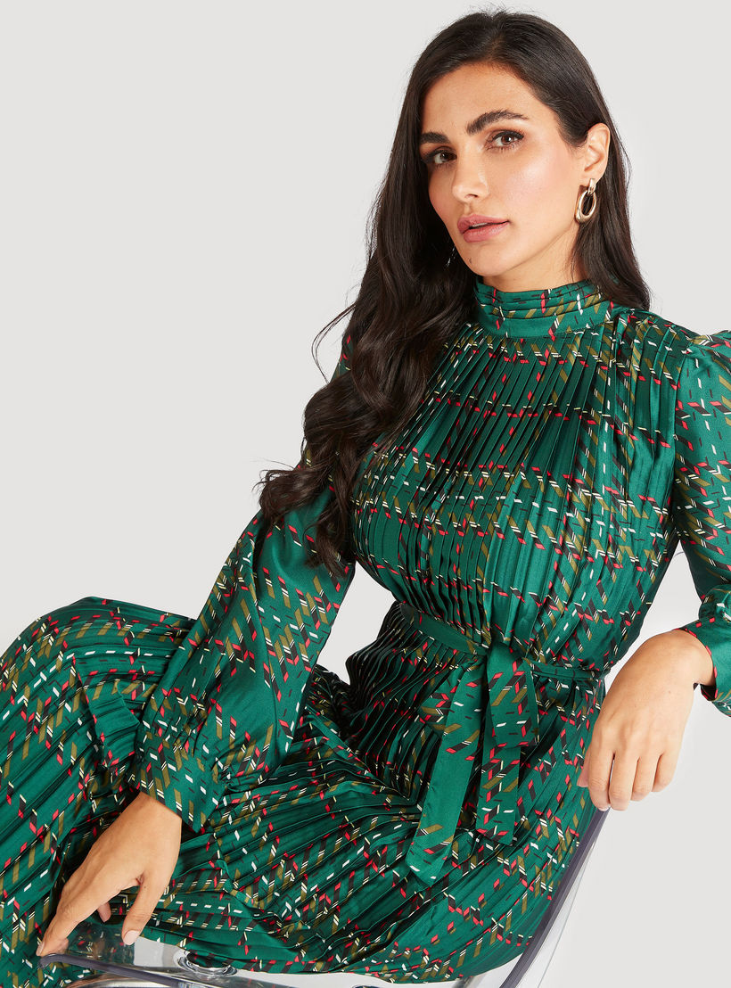 فستان ميدي إيه لاين بكُسرات وحزام رباط وأكمام طويلة-women-clothing-dresses-image-6