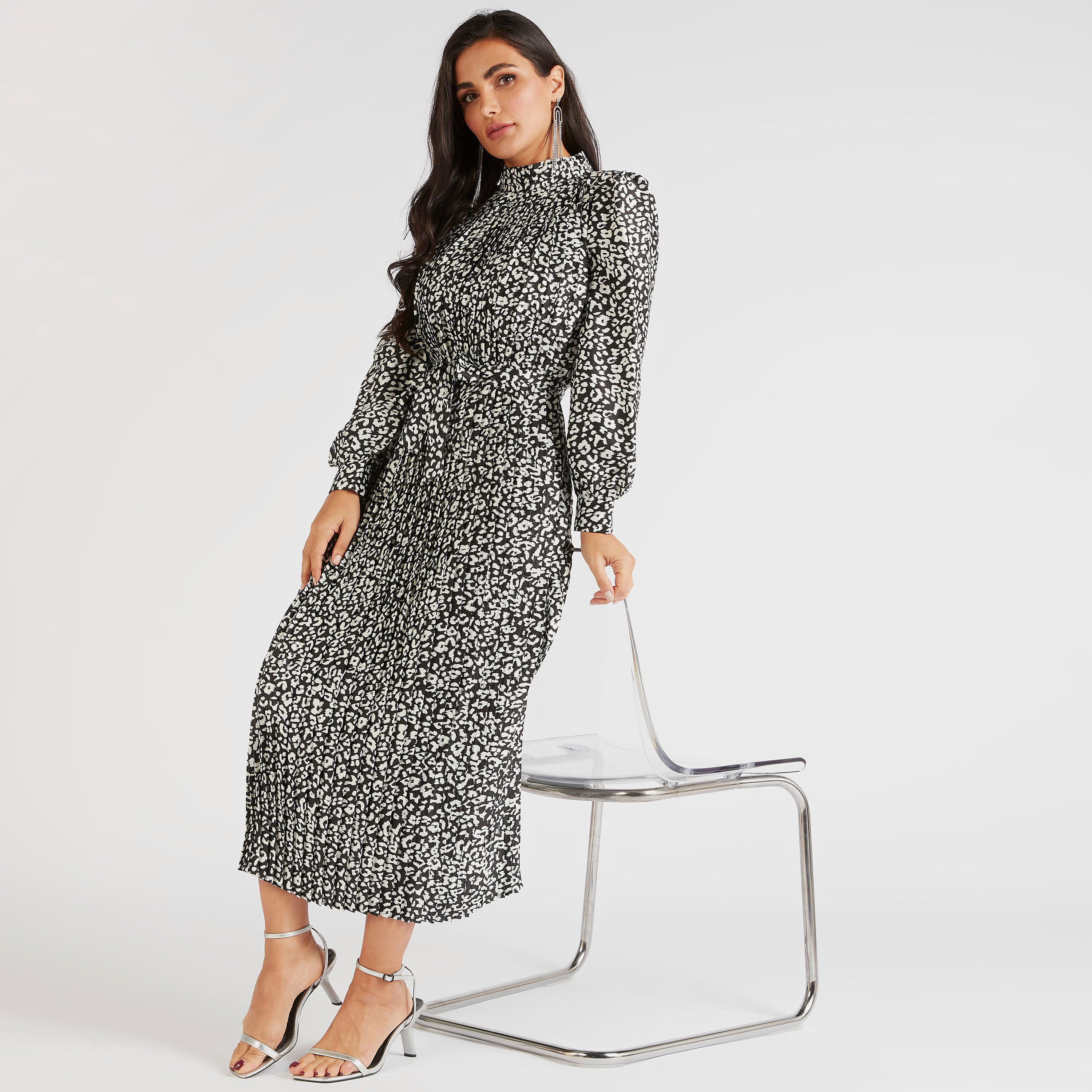 فستان ميدي إيه لاين بطبعات حيوانات وحزام برباط-women-clothing-dresses-image-1