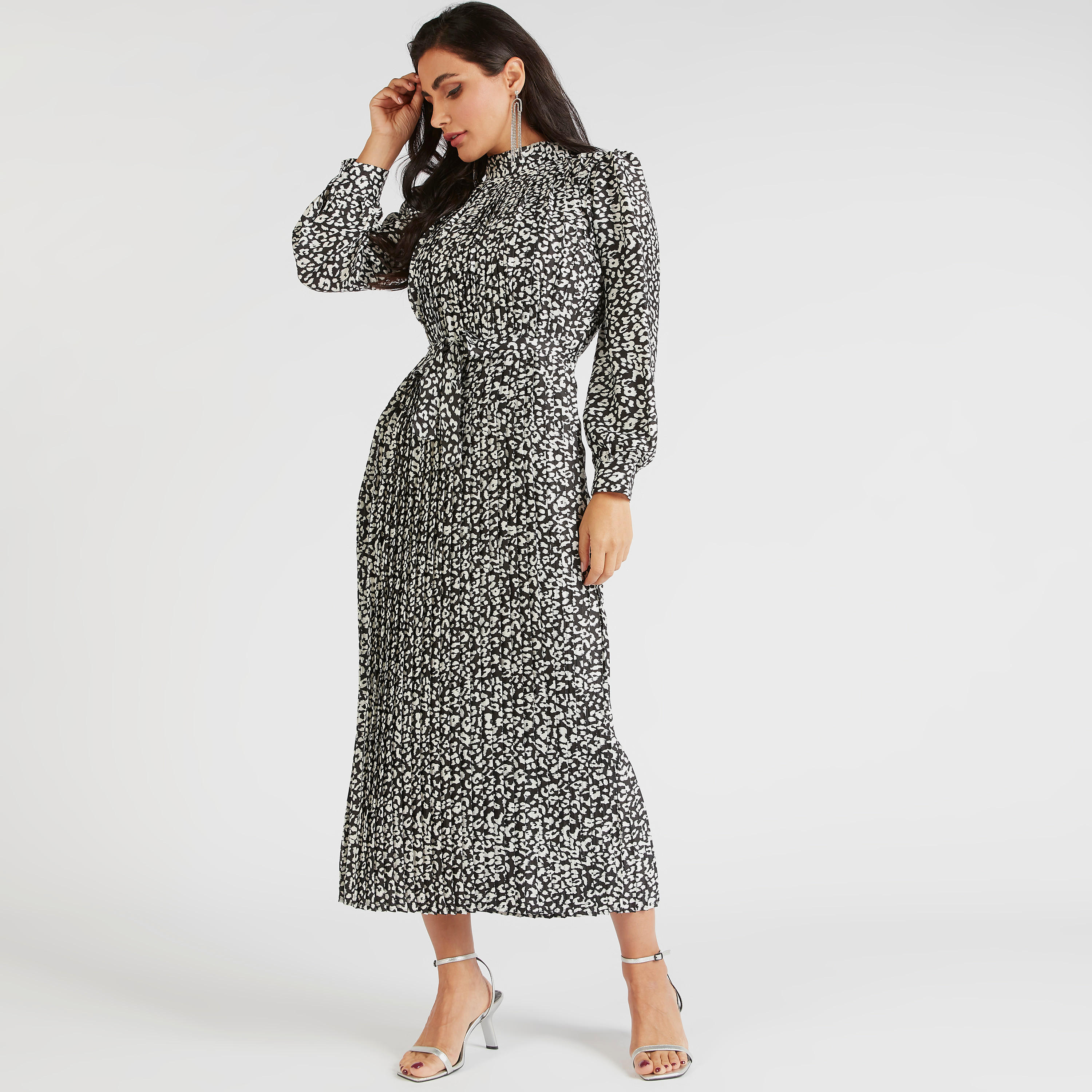 فستان ميدي إيه لاين بطبعات حيوانات وحزام برباط-women-clothing-dresses-image-2