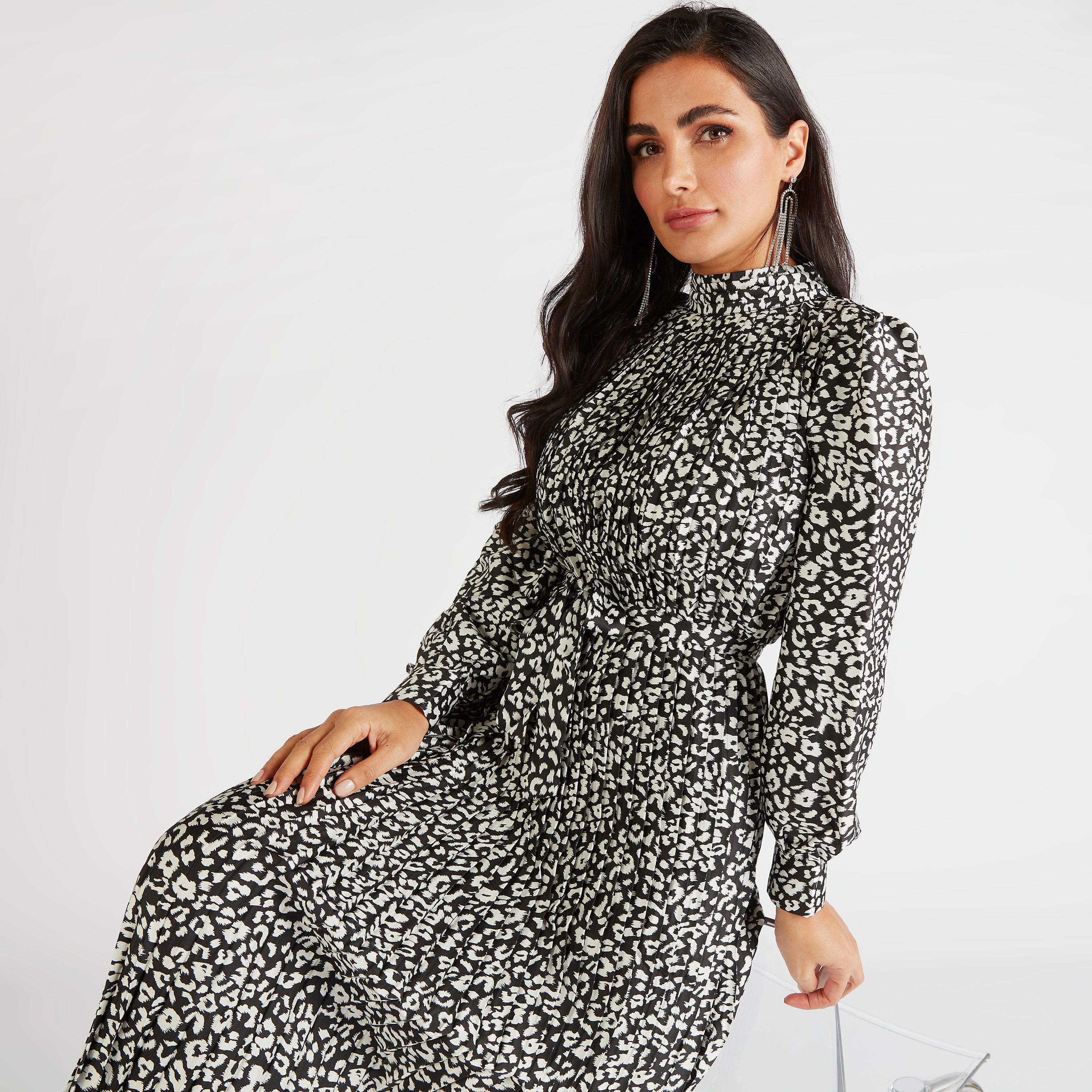 فستان ميدي إيه لاين بطبعات حيوانات وحزام برباط-women-clothing-dresses-image-6
