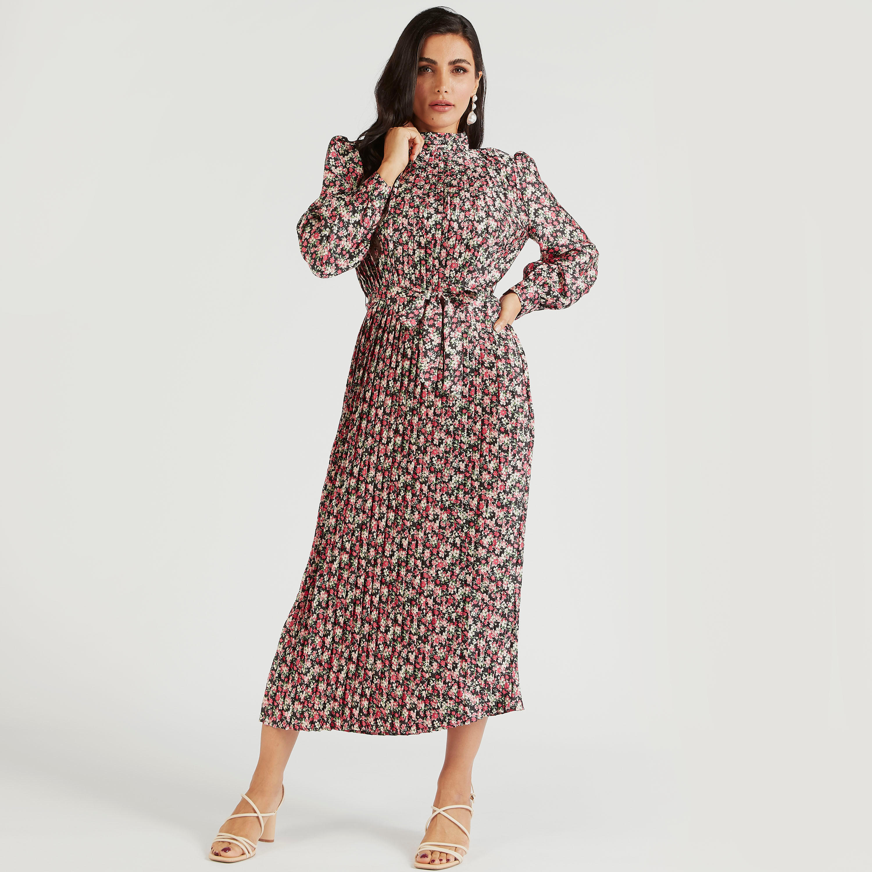 Floral Print A-line Midi Dress with Tie-Up Belt and Long Sleeves-women-clothing-dresses-image-1
