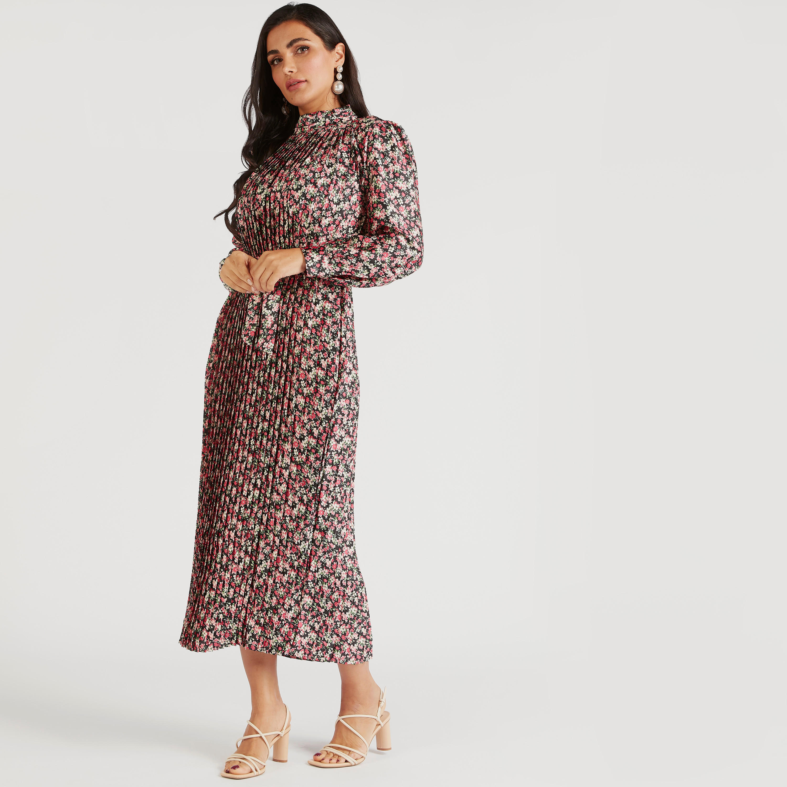 Floral Print A-line Midi Dress with Tie-Up Belt and Long Sleeves-women-clothing-dresses-image-2