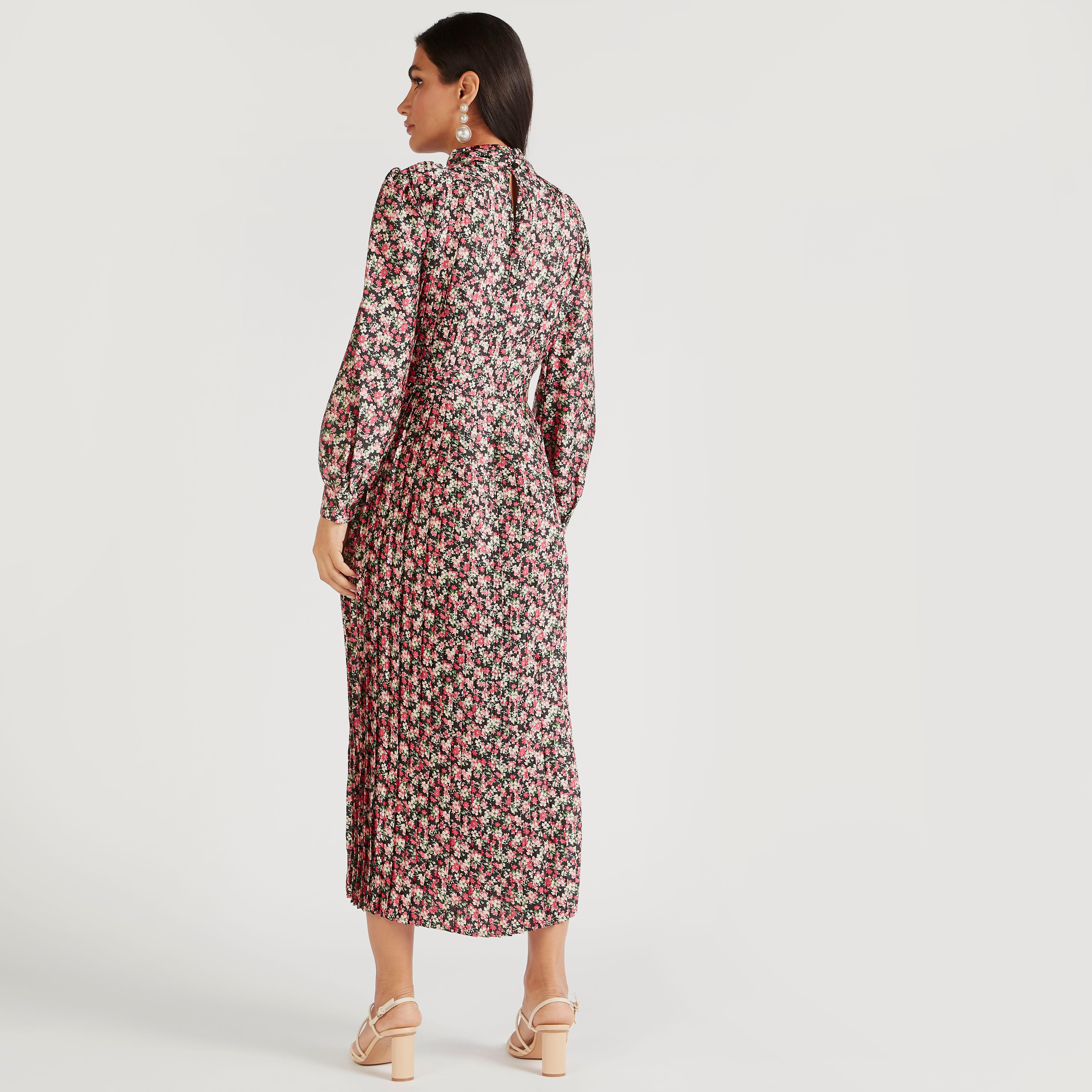 Floral Print A-line Midi Dress with Tie-Up Belt and Long Sleeves-women-clothing-dresses-image-4