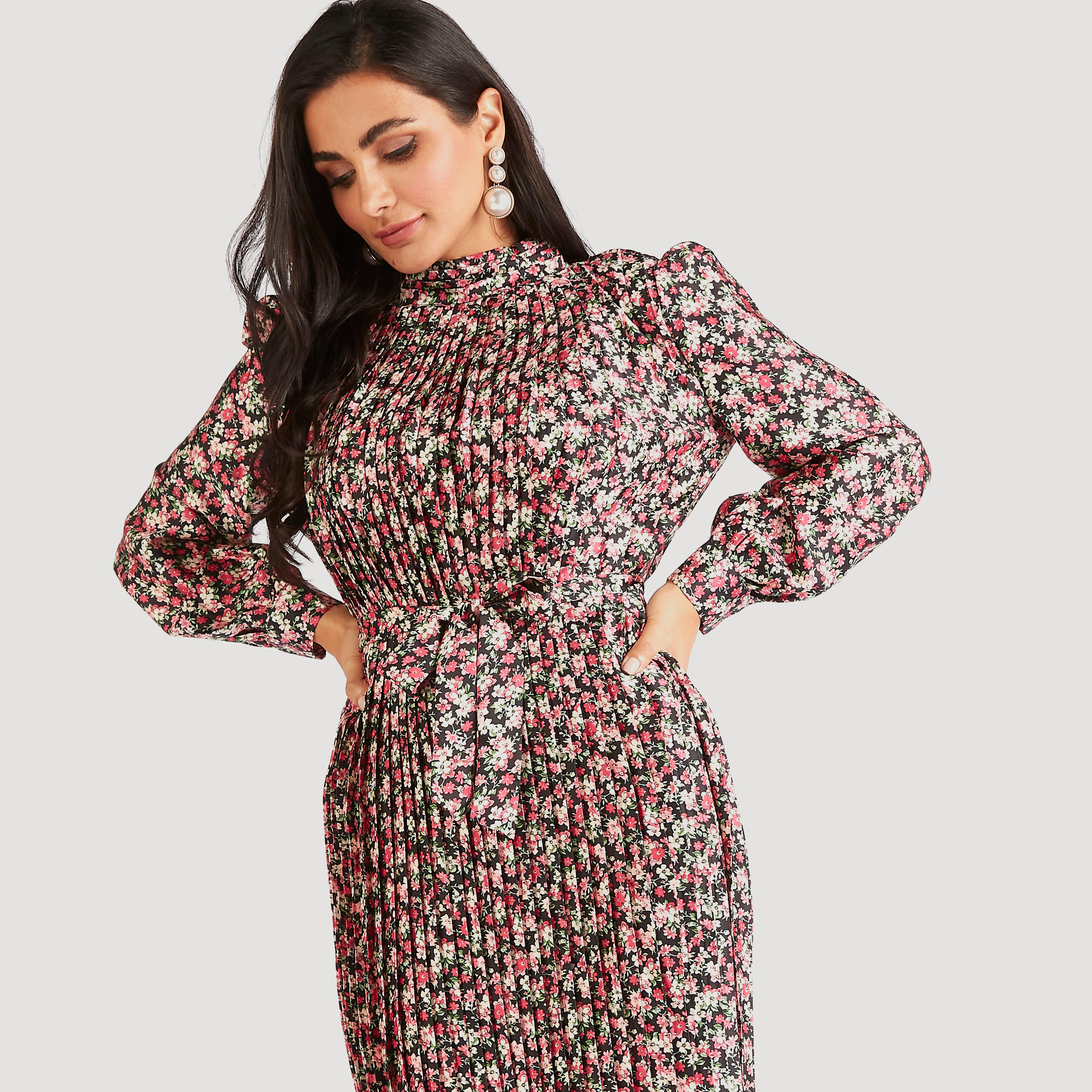 Floral Print A-line Midi Dress with Tie-Up Belt and Long Sleeves-women-clothing-dresses-image-5