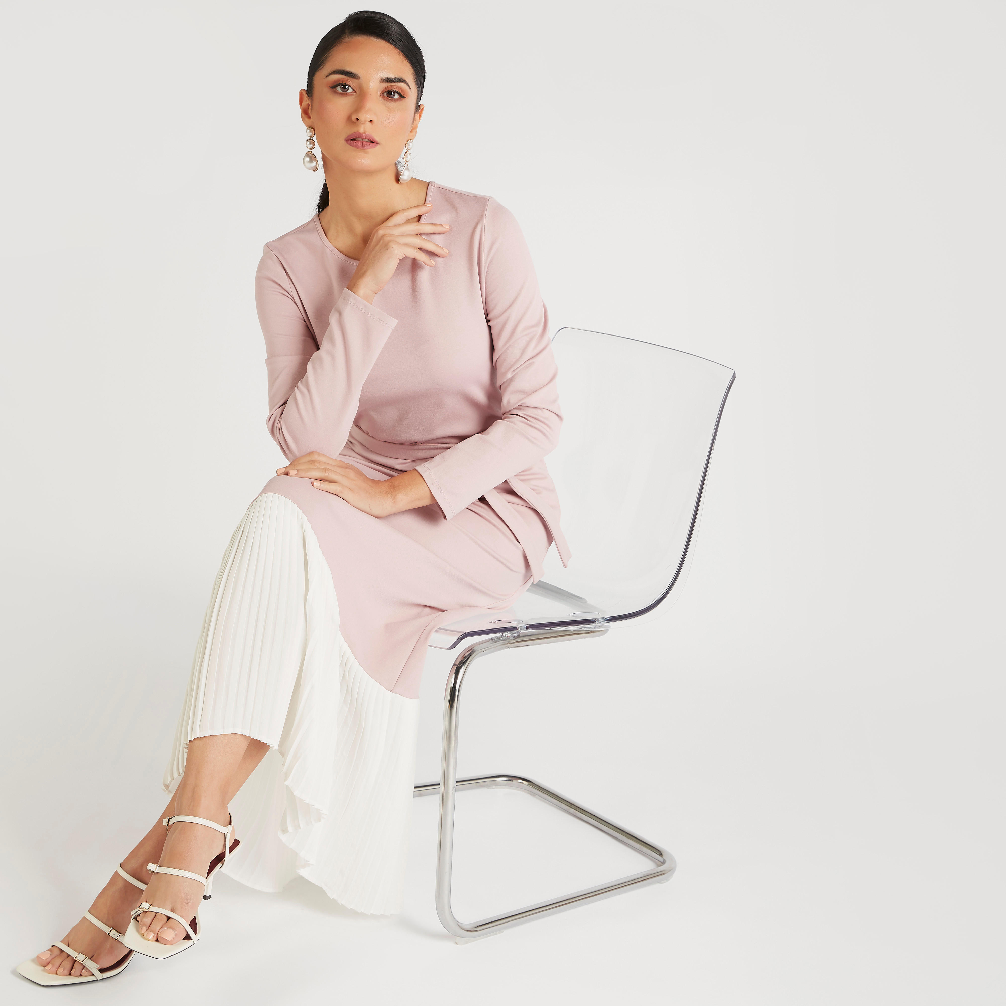 فستان إيه لاين طويل سادة بأكمام طويلة ورباط-women-clothing-dresses-image-1