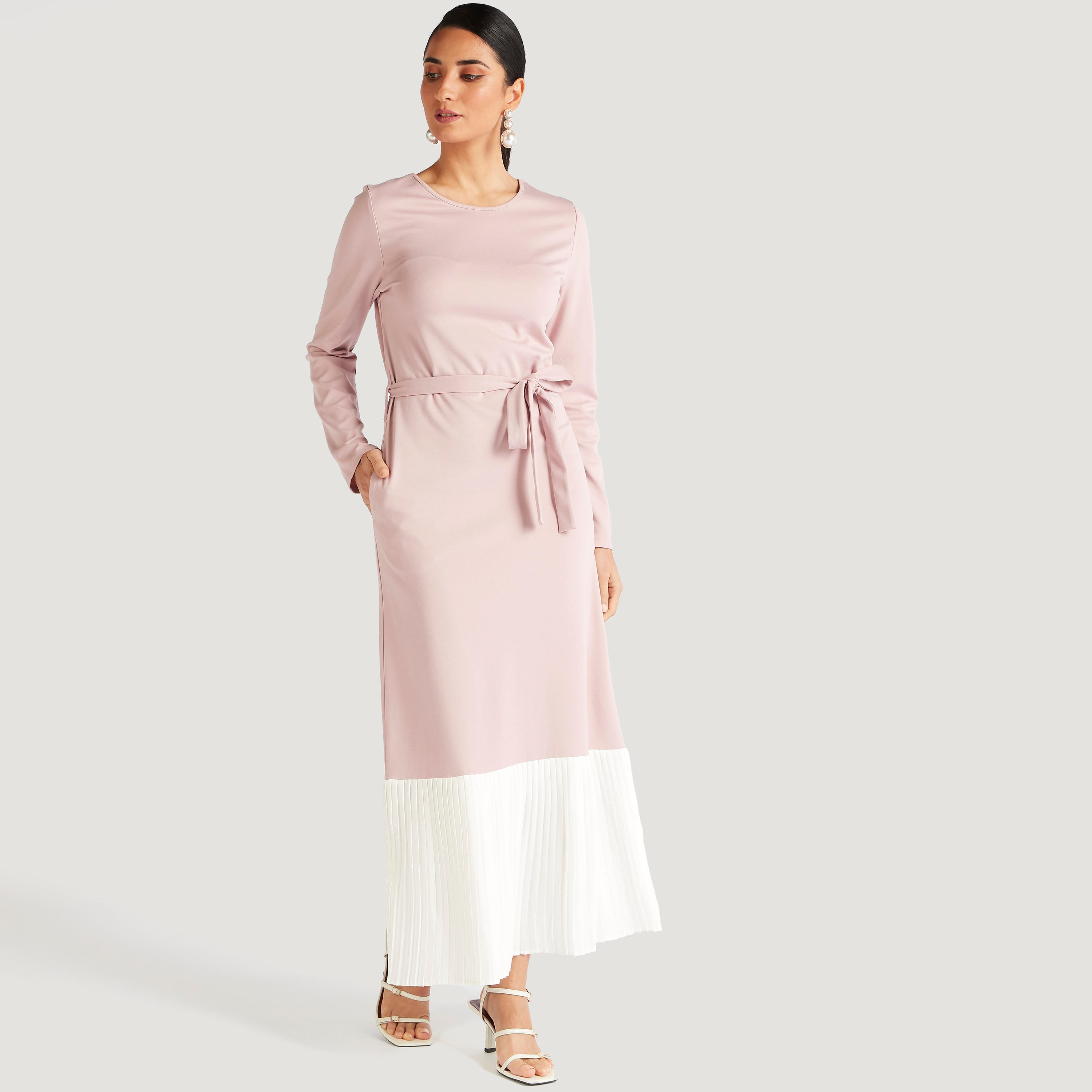 فستان إيه لاين طويل سادة بأكمام طويلة ورباط-women-clothing-dresses-image-2