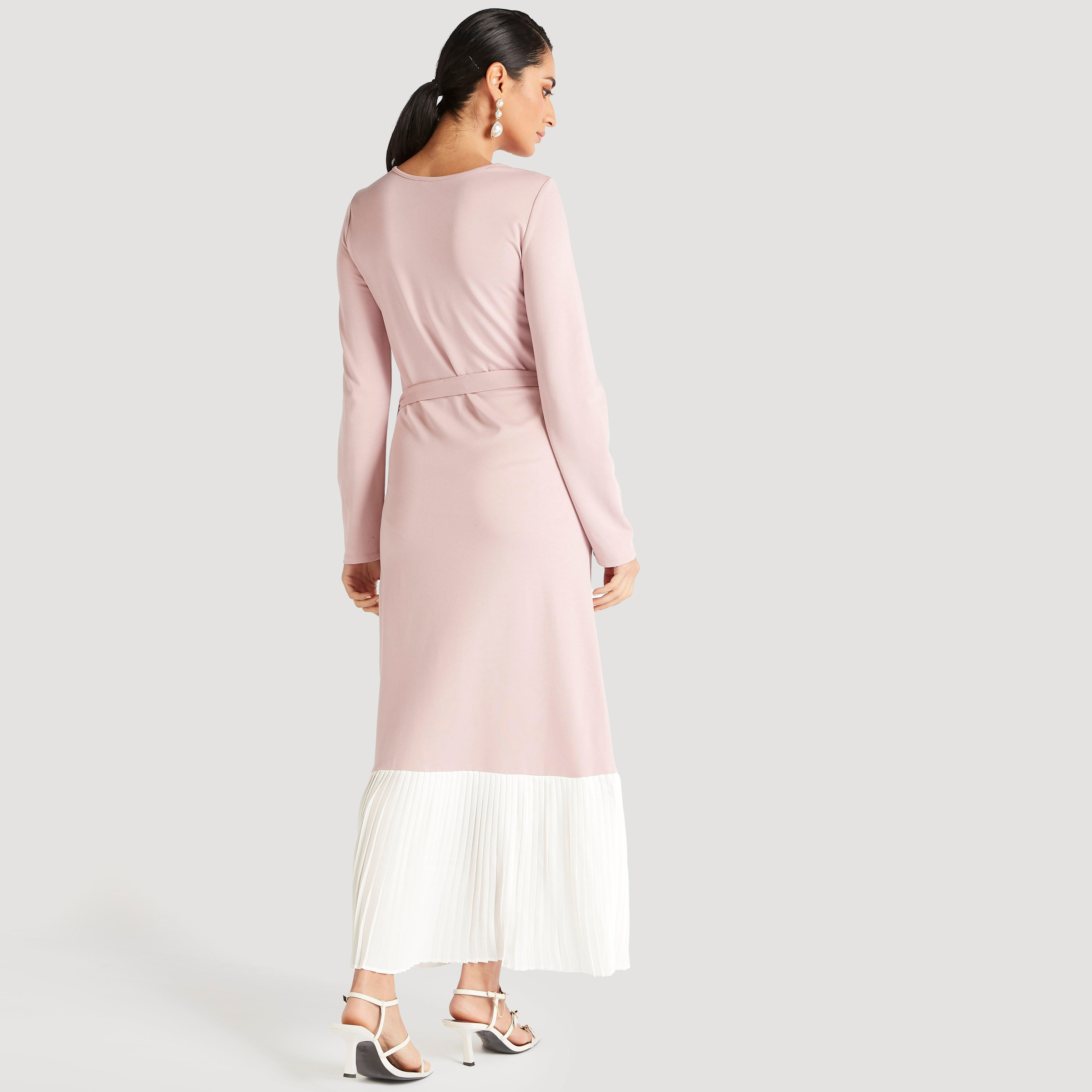 فستان إيه لاين طويل سادة بأكمام طويلة ورباط-women-clothing-dresses-image-4