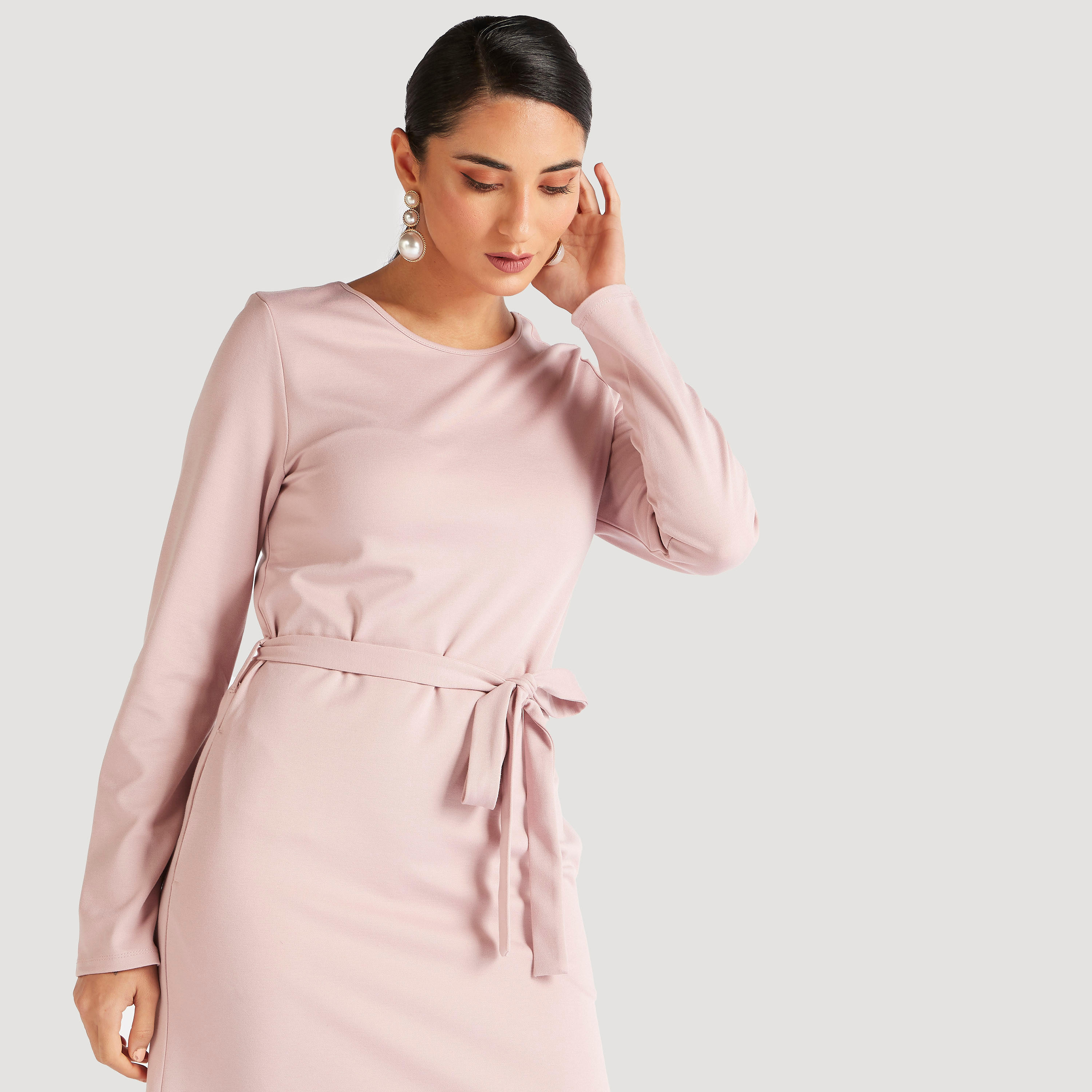 فستان إيه لاين طويل سادة بأكمام طويلة ورباط-women-clothing-dresses-image-5
