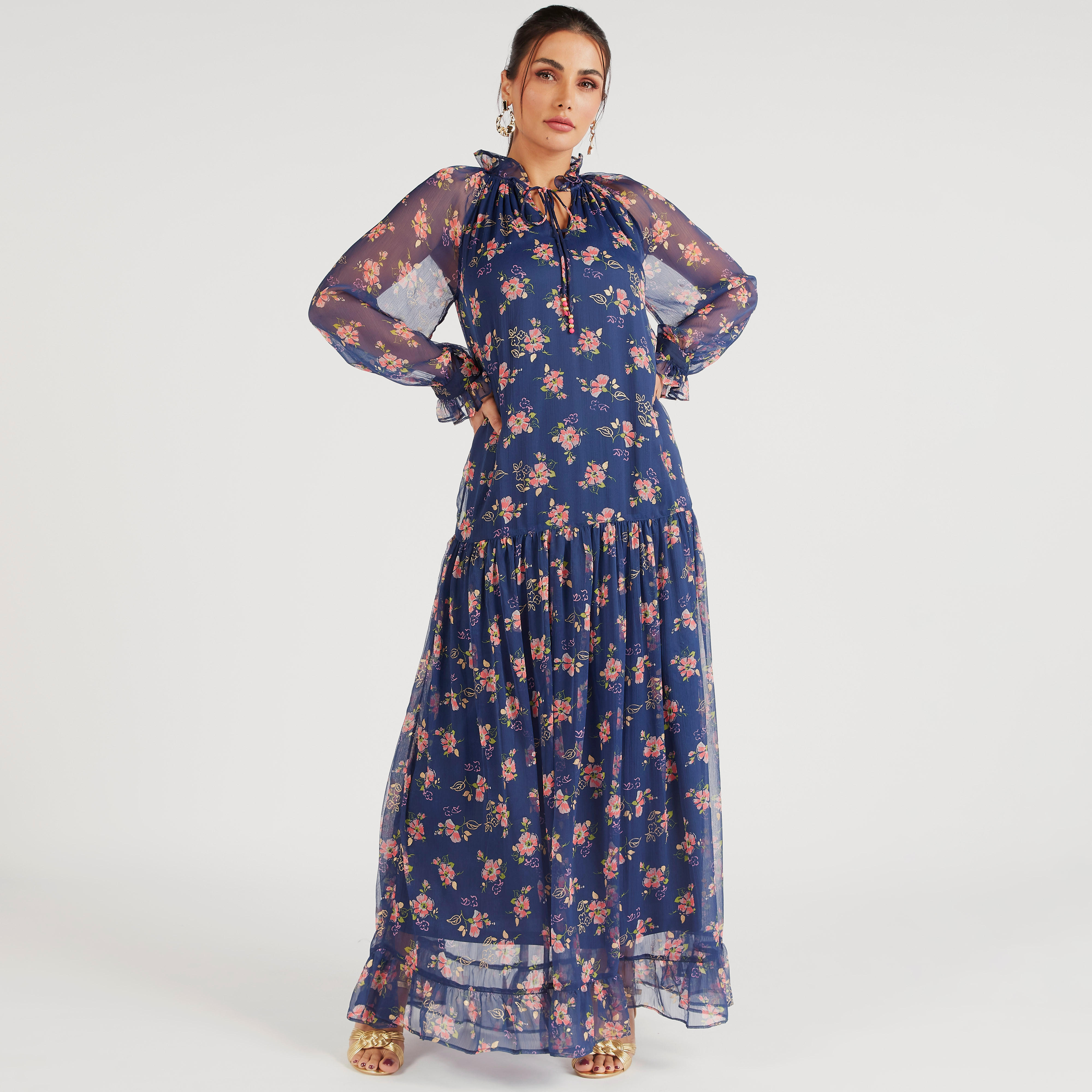 فستان طويل إيه لاين بياقة رباط وكشكش وطبعات زهرية-women-clothing-dresses-image-1