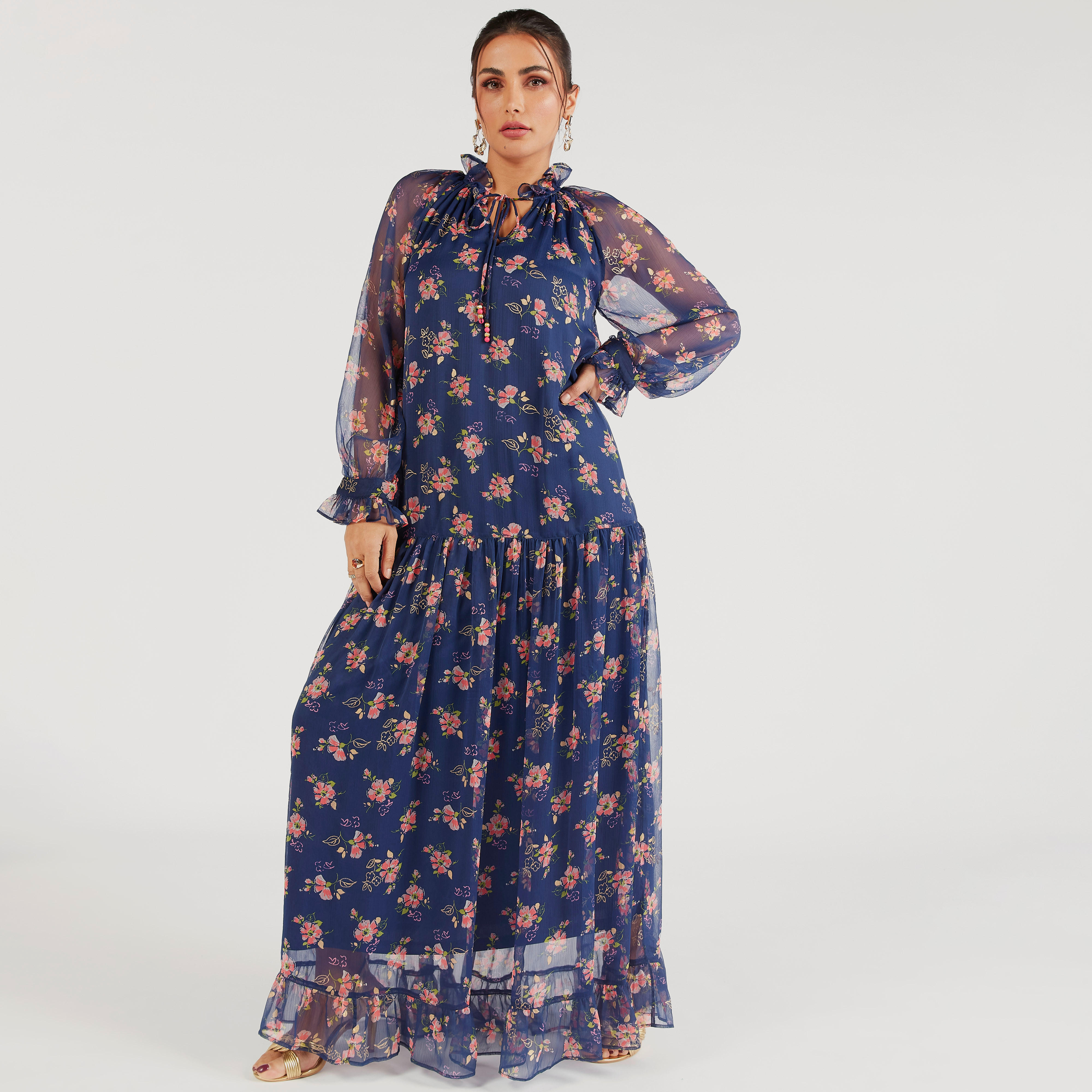 فستان طويل إيه لاين بياقة رباط وكشكش وطبعات زهرية-women-clothing-dresses-image-2