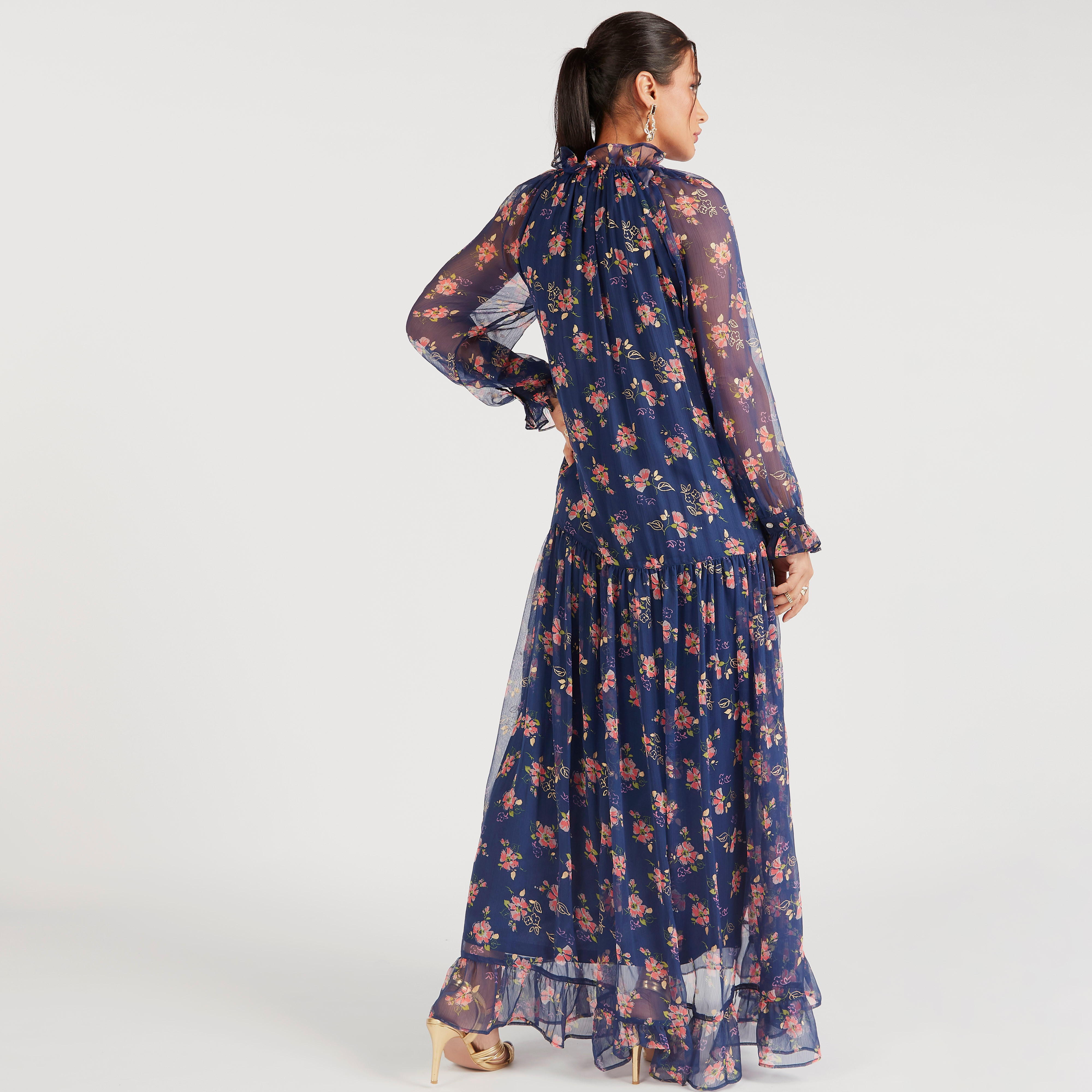 فستان طويل إيه لاين بياقة رباط وكشكش وطبعات زهرية-women-clothing-dresses-image-4
