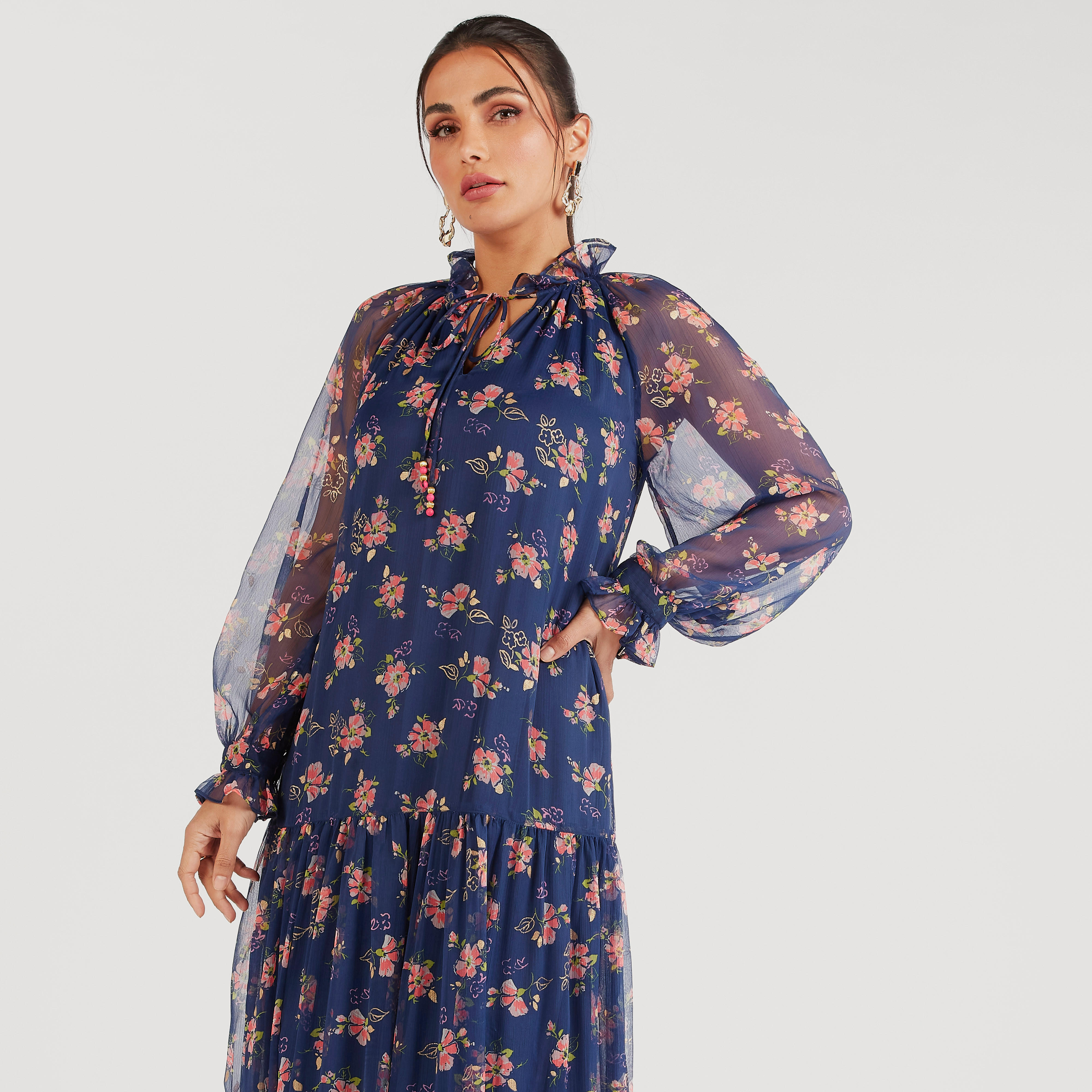 فستان طويل إيه لاين بياقة رباط وكشكش وطبعات زهرية-women-clothing-dresses-image-6