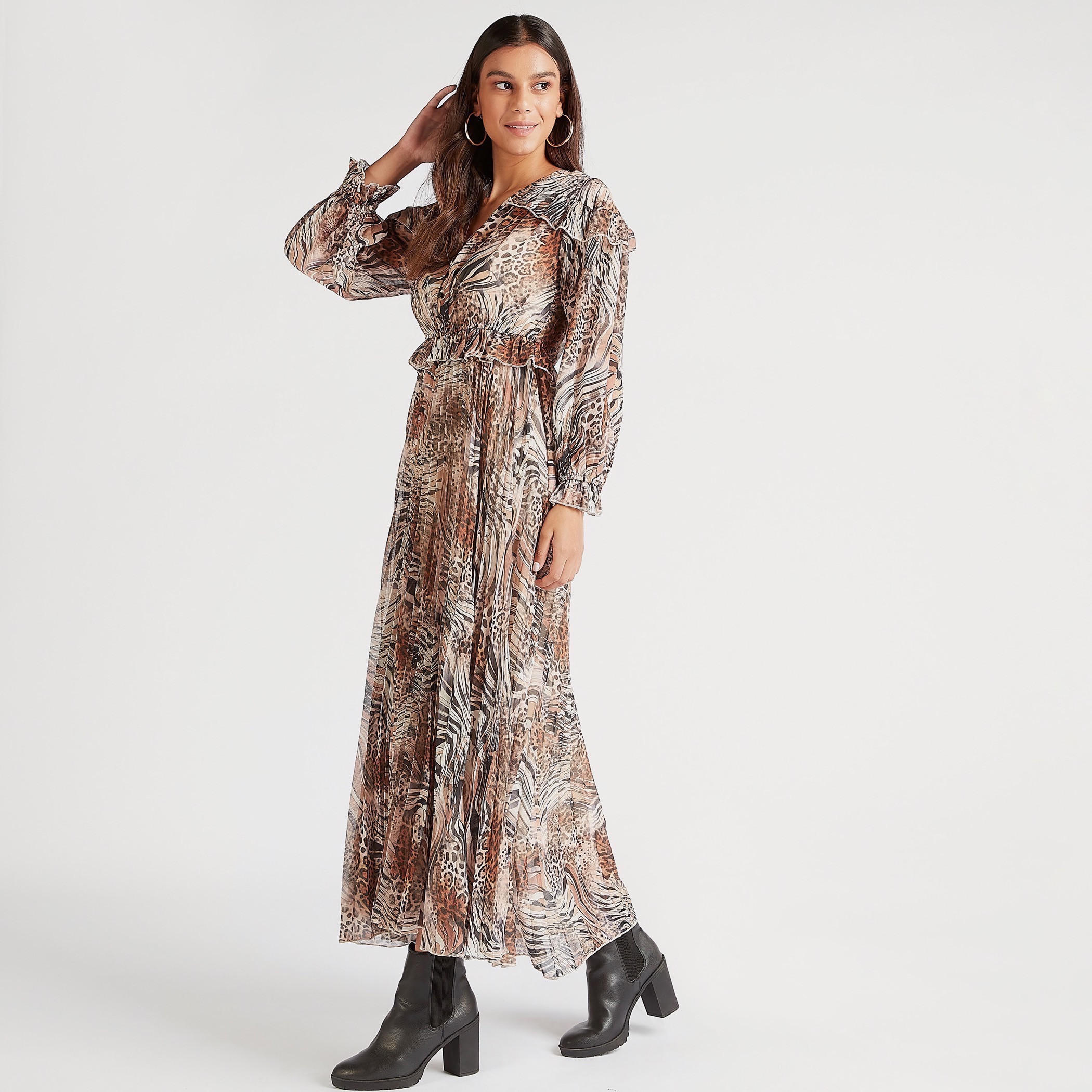 فستان طويل بياقة V وأكمام طويلة وطبعات حيوانات-women-clothing-dresses-image-1