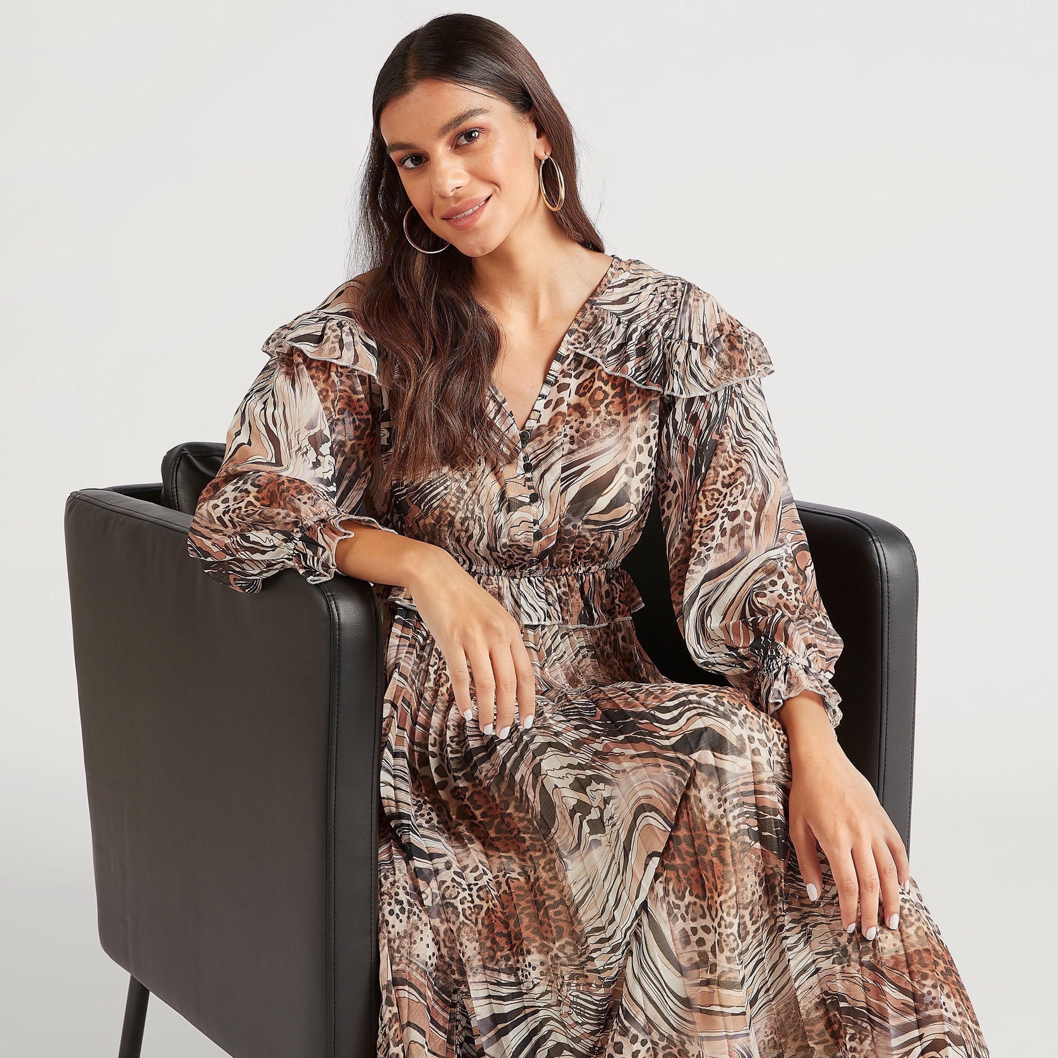 فستان طويل بياقة V وأكمام طويلة وطبعات حيوانات-women-clothing-dresses-image-2