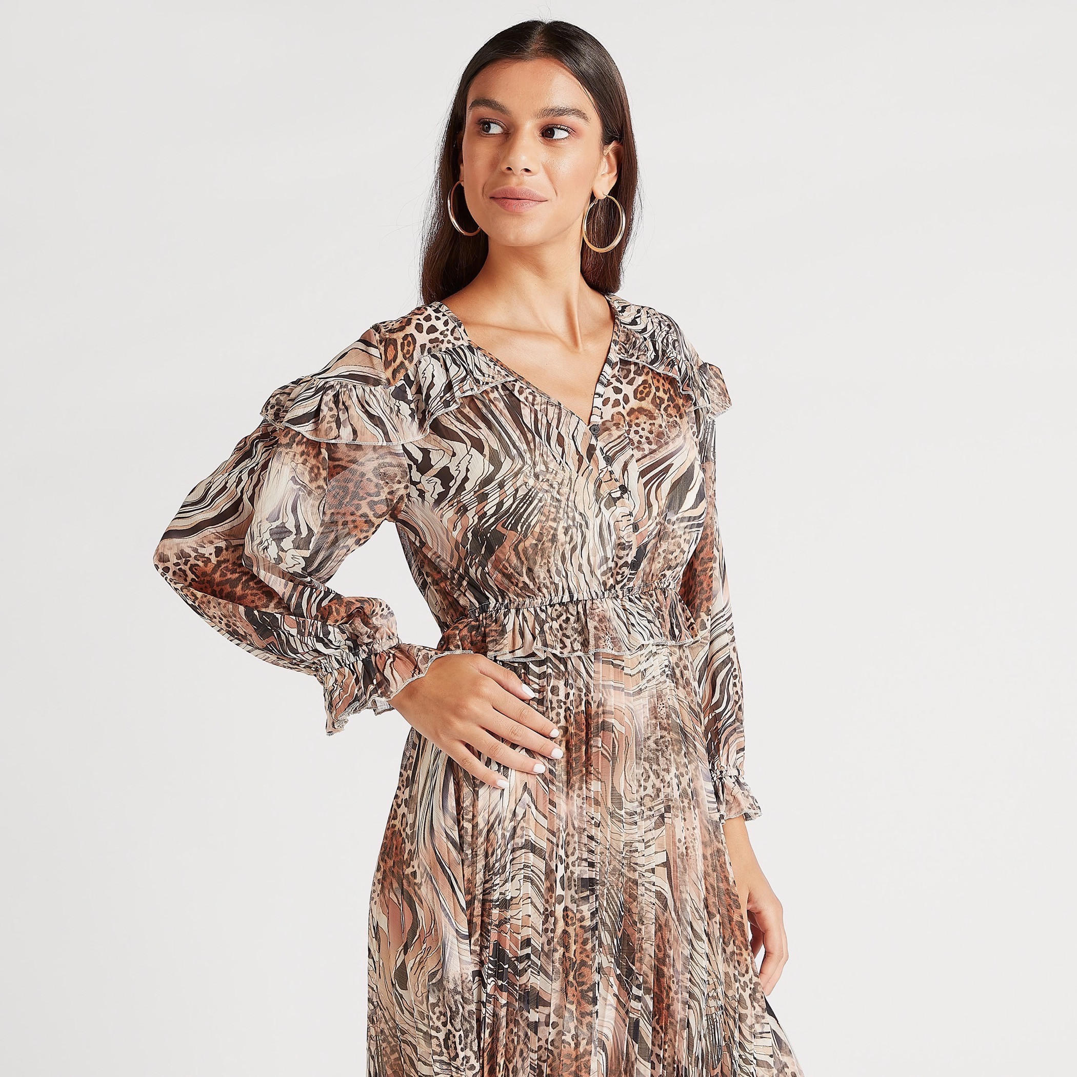 فستان طويل بياقة V وأكمام طويلة وطبعات حيوانات-women-clothing-dresses-image-4