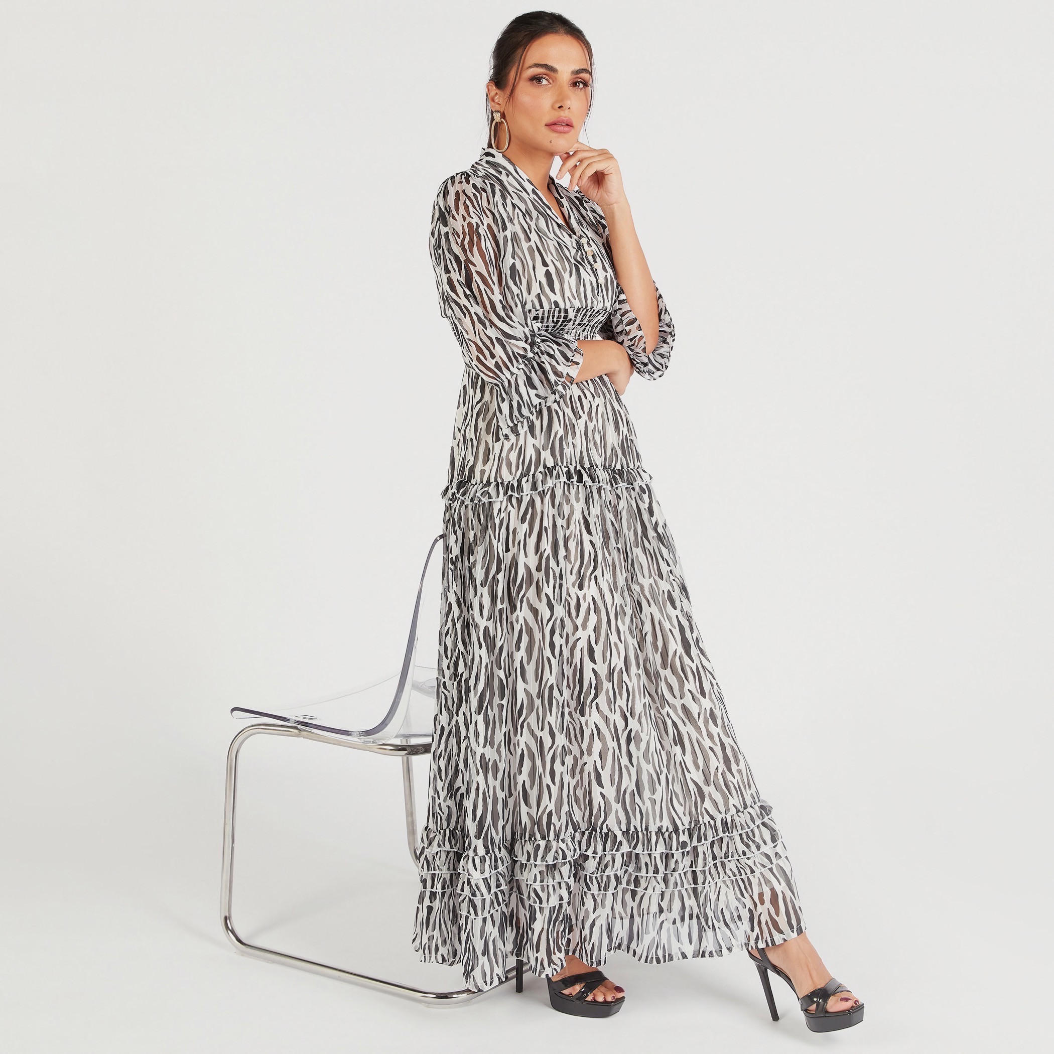 Animal Print Maxi A-line Dress with Shirring Detail-women-clothing-dresses-image-1