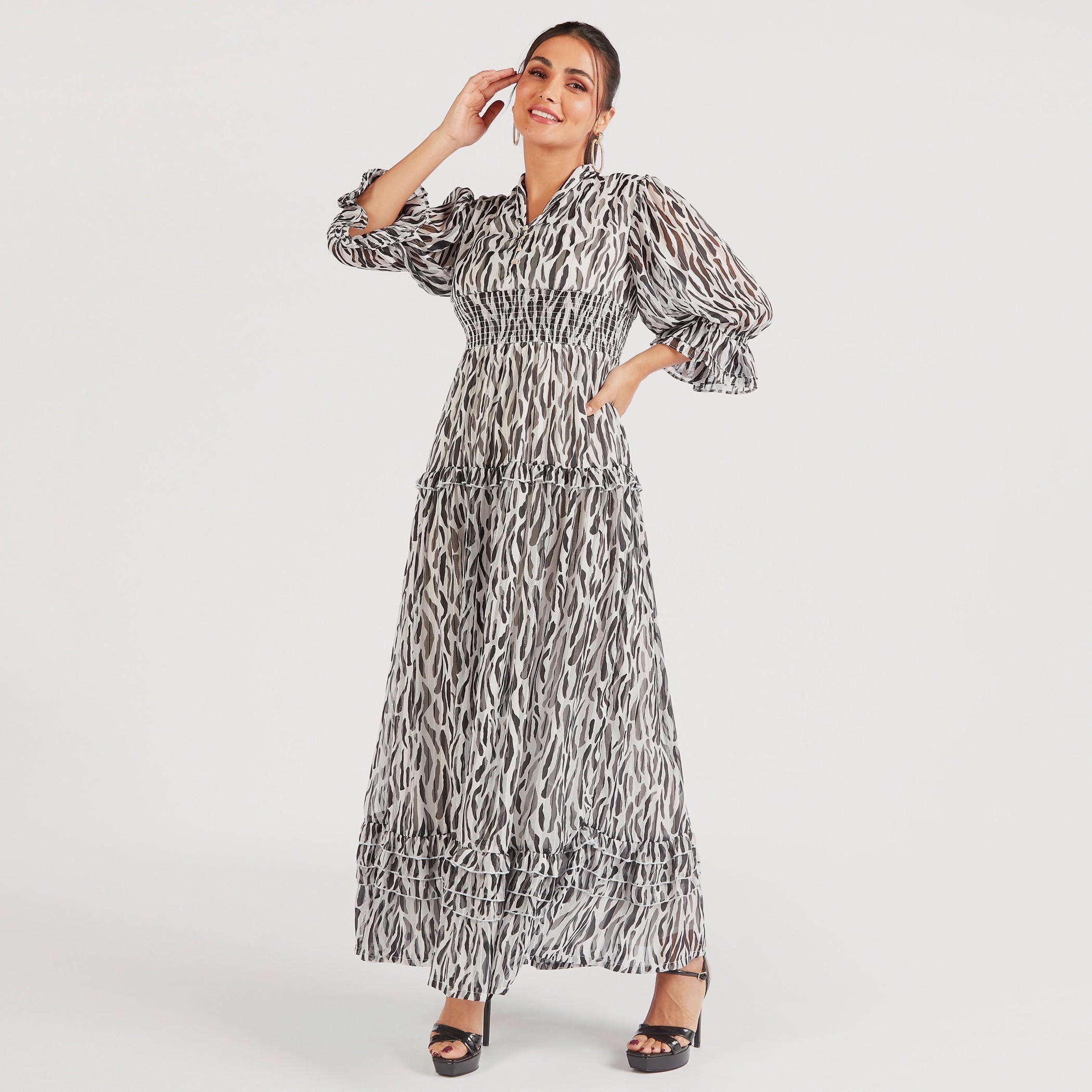 Animal Print Maxi A-line Dress with Shirring Detail-women-clothing-dresses-image-2