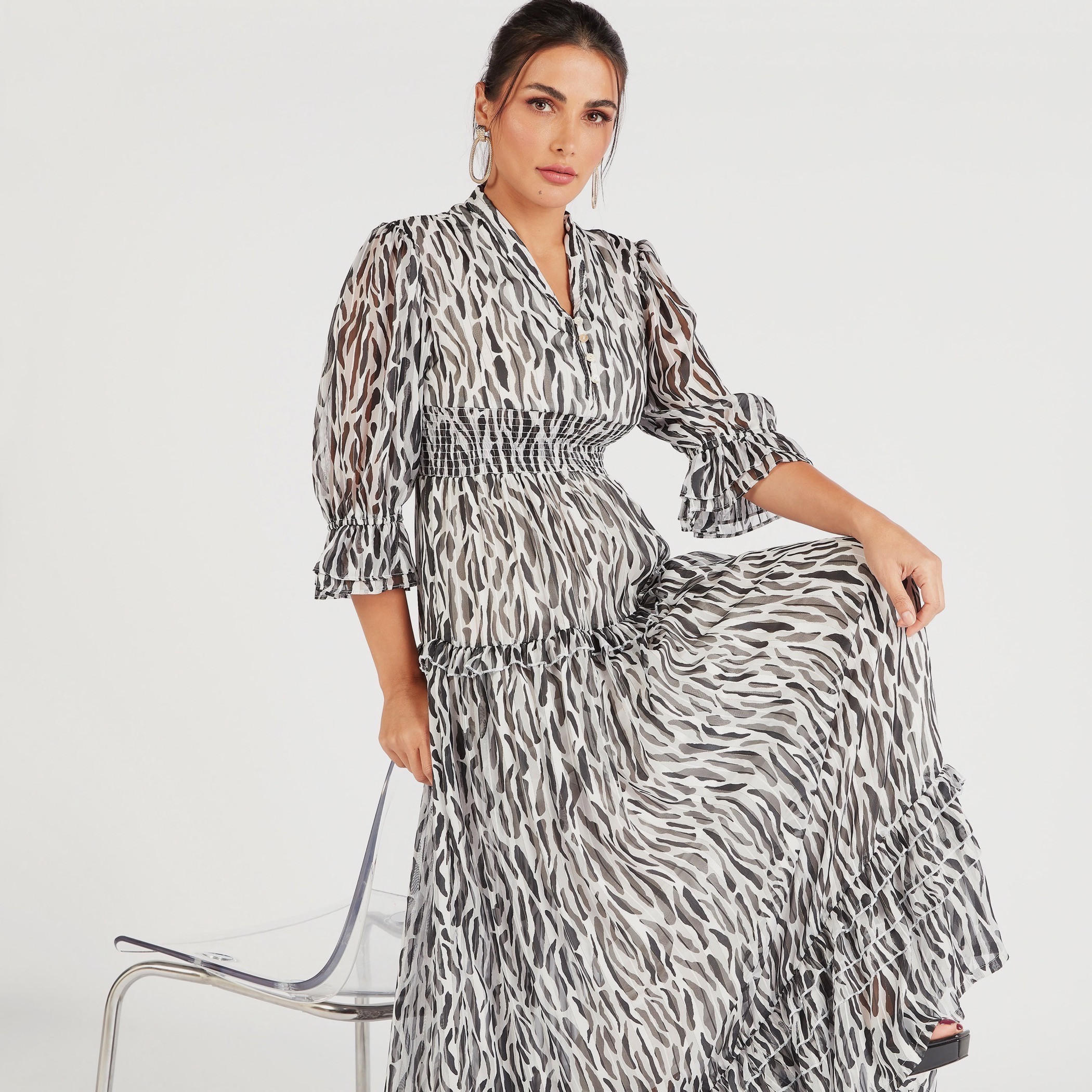 Animal Print Maxi A-line Dress with Shirring Detail-women-clothing-dresses-image-6