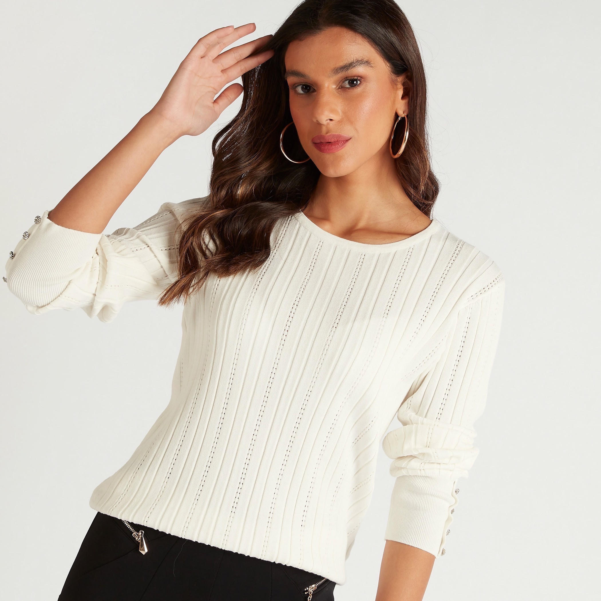 كنزة بارزة الملمس بياقة مستديرة وأكمام طويلة-women-clothing-cardigansandjumpers-jumpers-image-1
