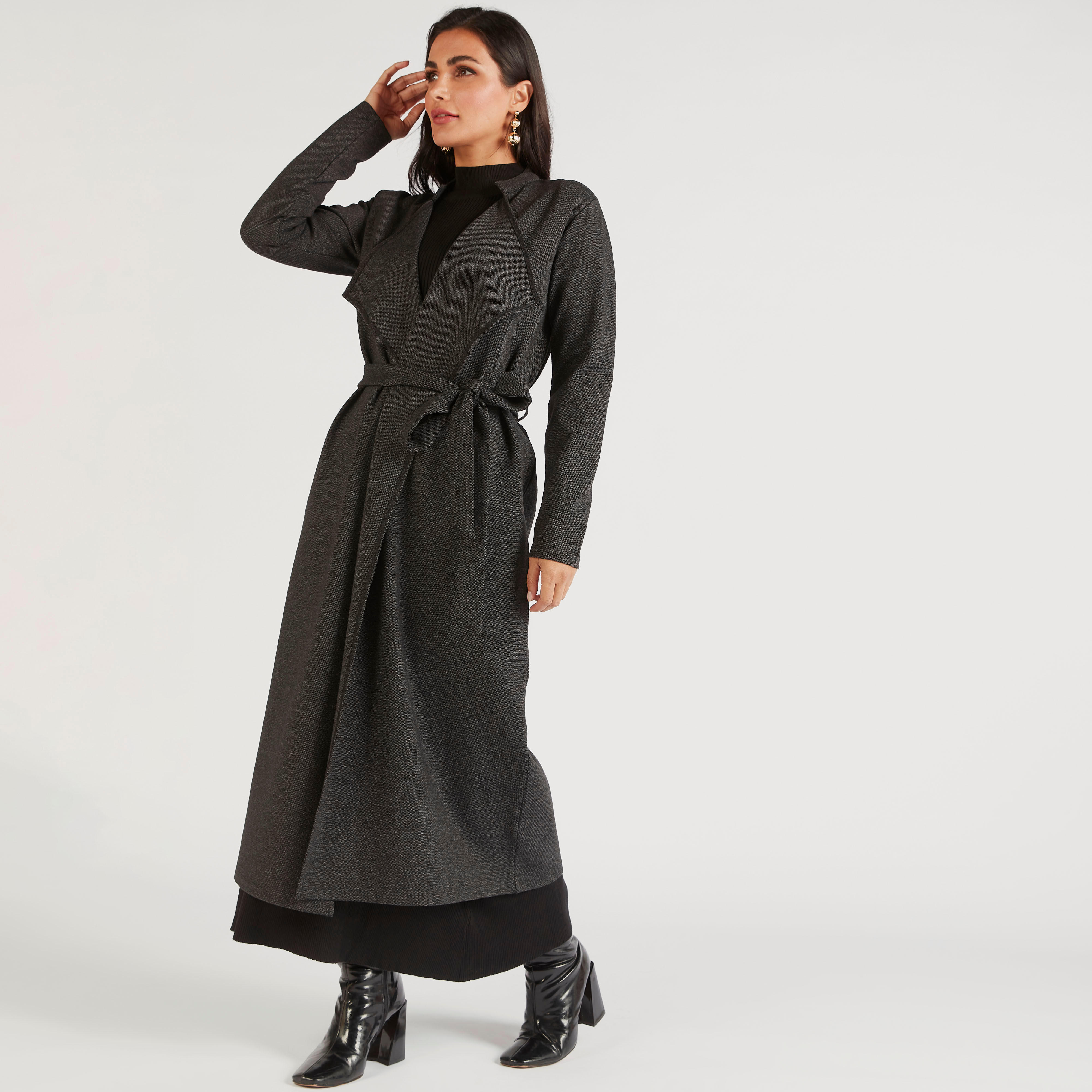 جاكيت طويل بارز الملمس بياقة عادية وحزام ربط-women-winterwear-coatsandjackets-jackets-image-1