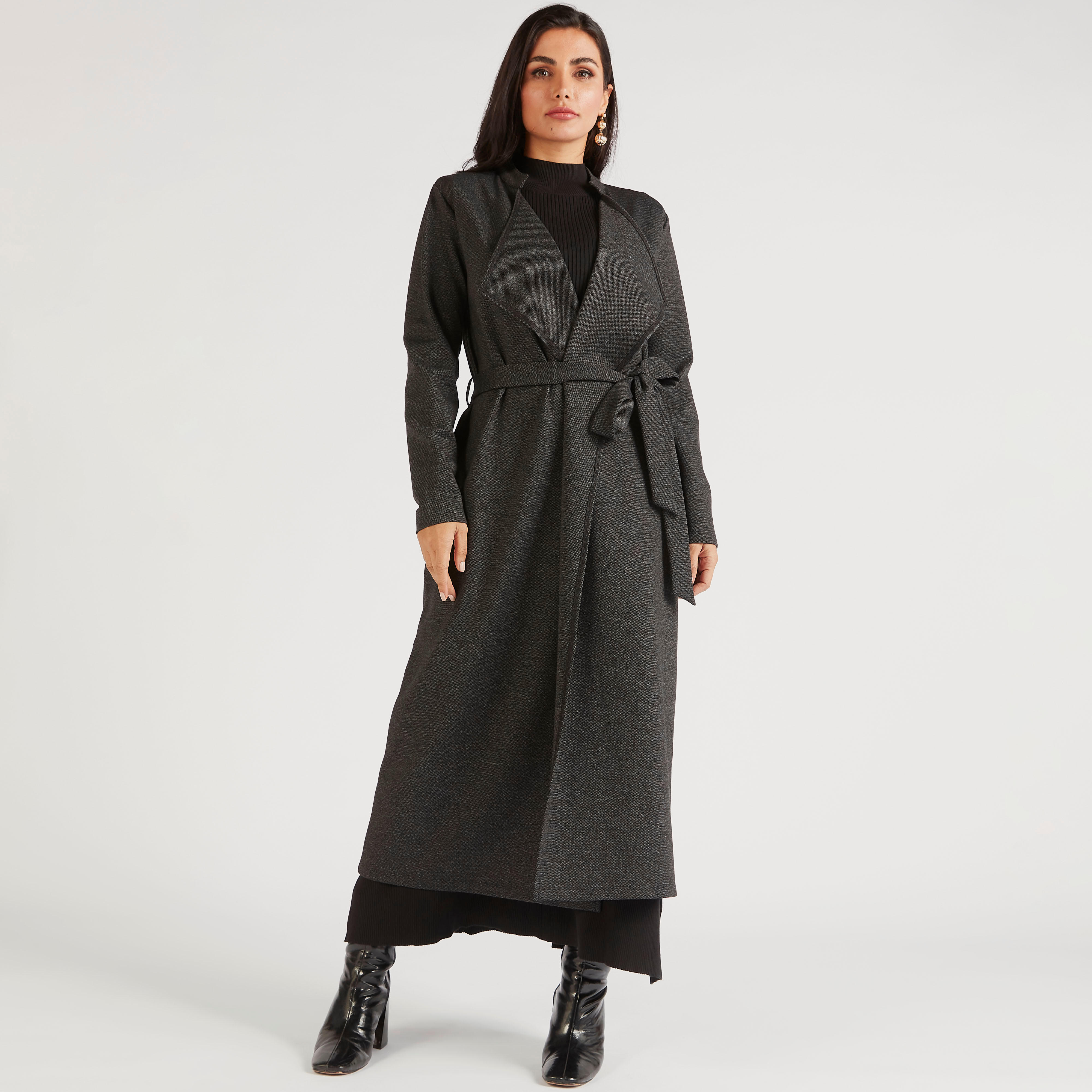 جاكيت طويل بارز الملمس بياقة عادية وحزام ربط-women-winterwear-coatsandjackets-jackets-image-2