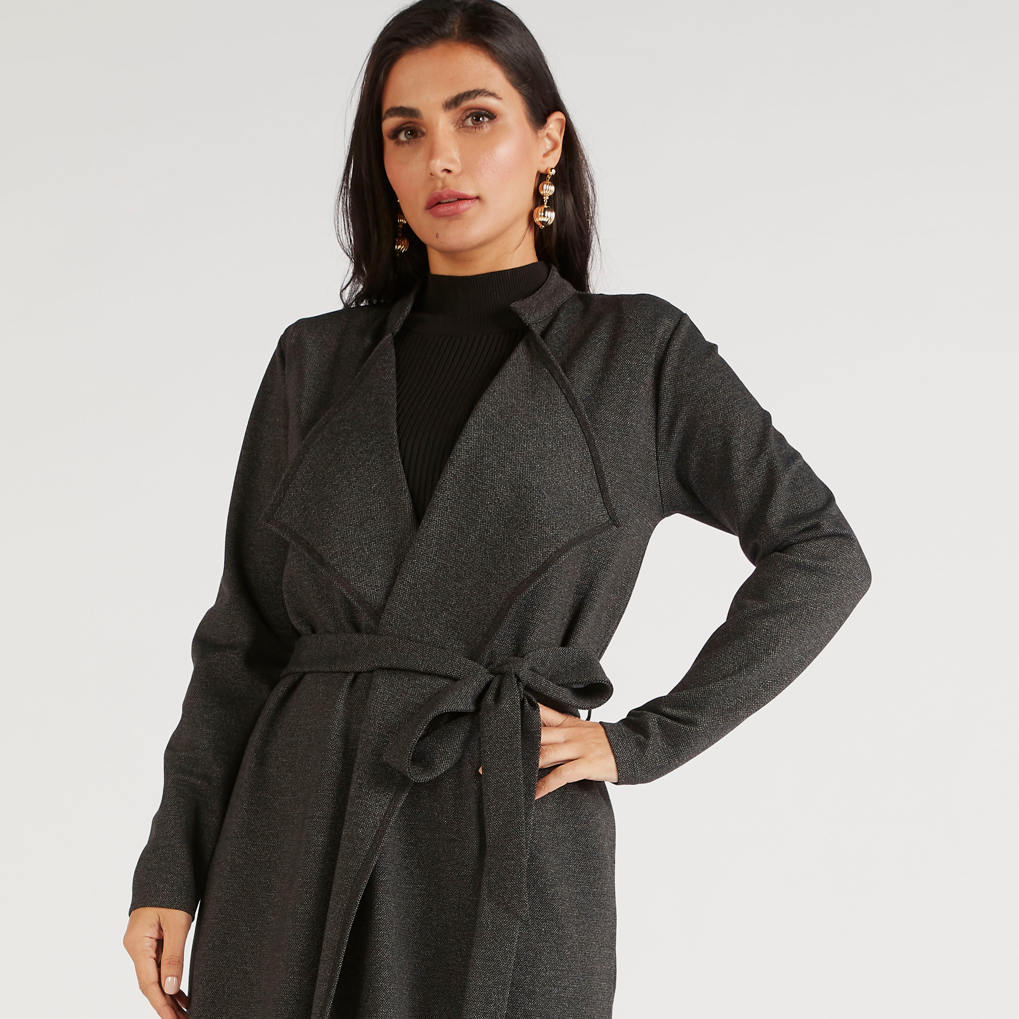 جاكيت طويل بارز الملمس بياقة عادية وحزام ربط-women-winterwear-coatsandjackets-jackets-image-3