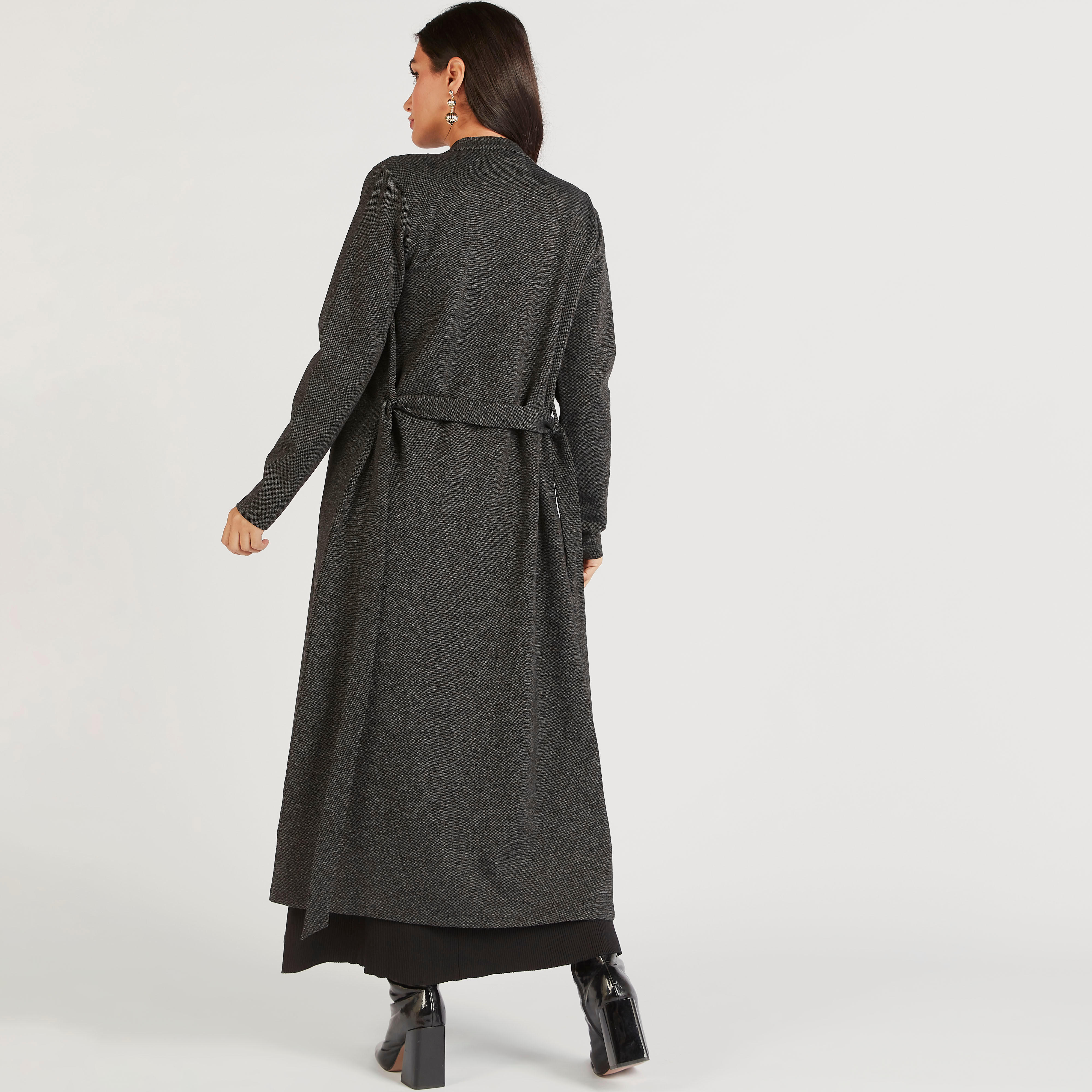 جاكيت طويل بارز الملمس بياقة عادية وحزام ربط-women-winterwear-coatsandjackets-jackets-image-4