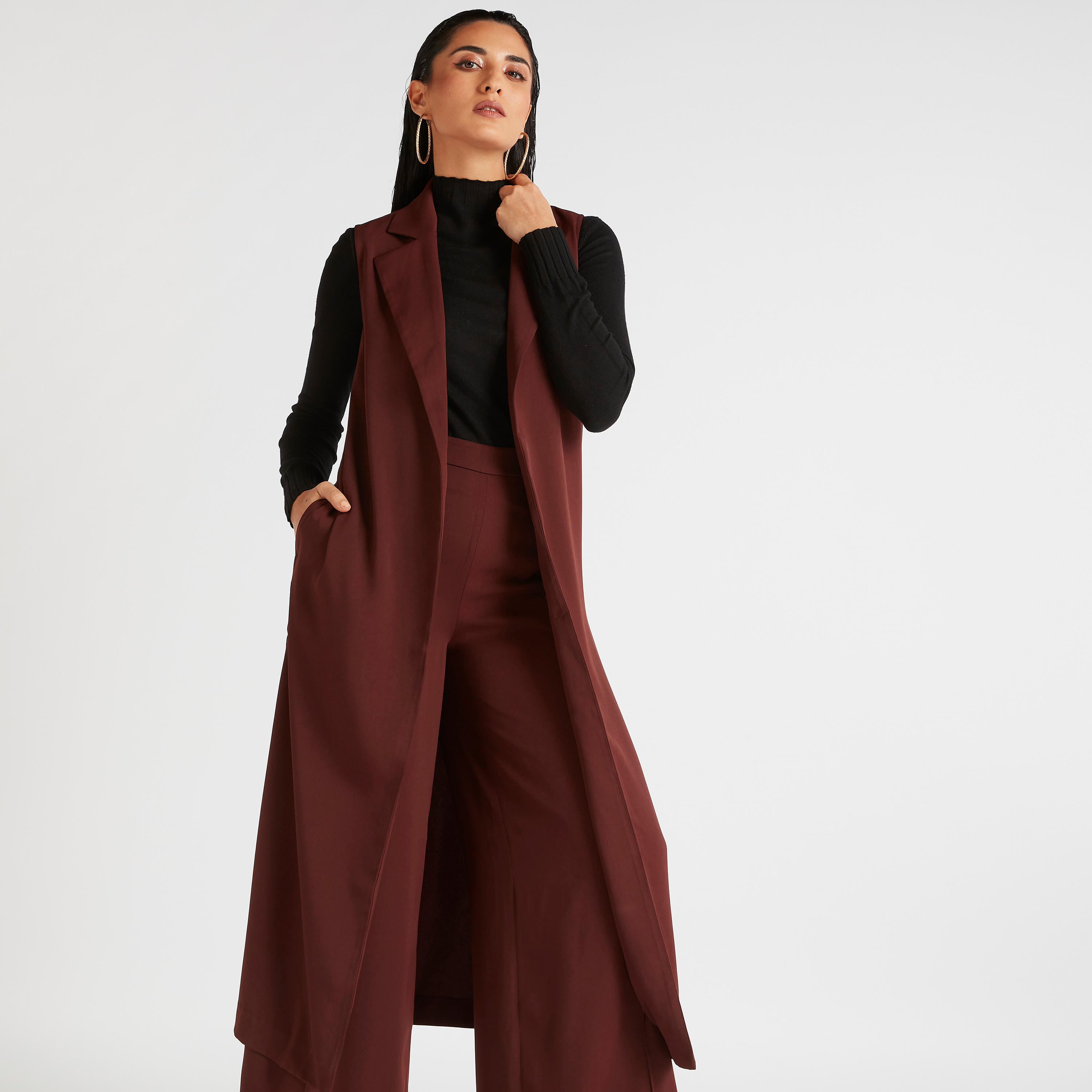Solid Sleeveless Longline Jacket with Lapel Collar-women-winterwear-coatsandjackets-jackets-image-1