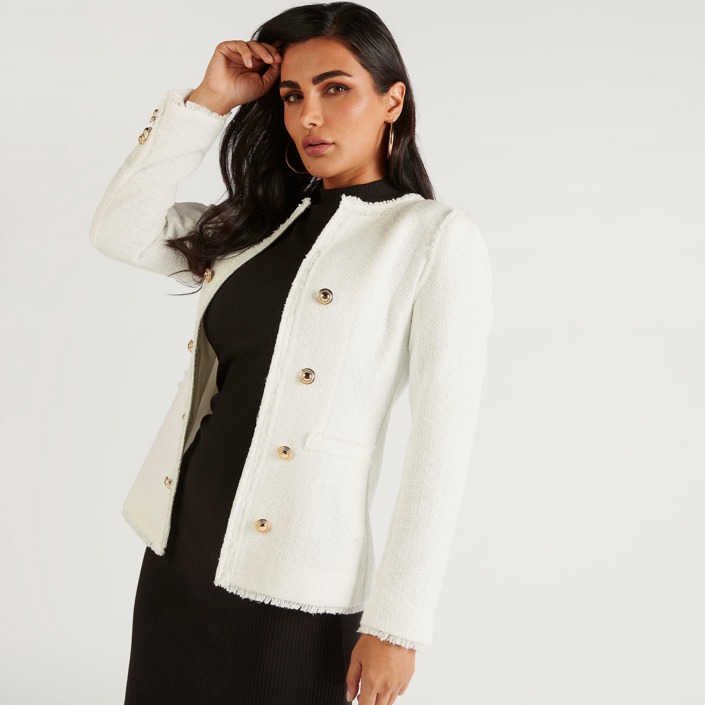 جاكيت تويد بارز الملمس بقصّة مطابقة للجسم وأكمام طويلة-women-winterwear-coatsandjackets-jackets-image-1