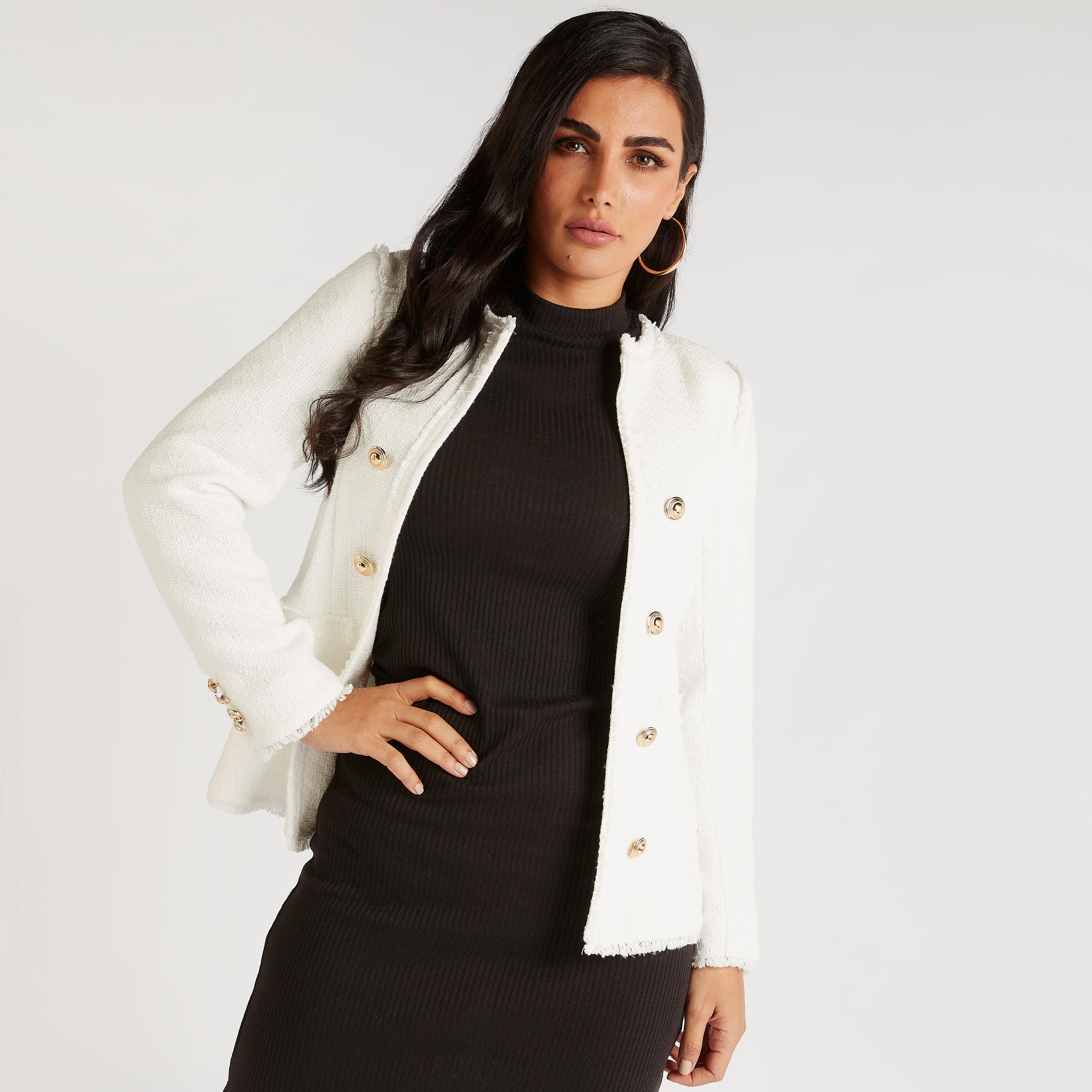 جاكيت تويد بارز الملمس بقصّة مطابقة للجسم وأكمام طويلة-women-winterwear-coatsandjackets-jackets-image-7