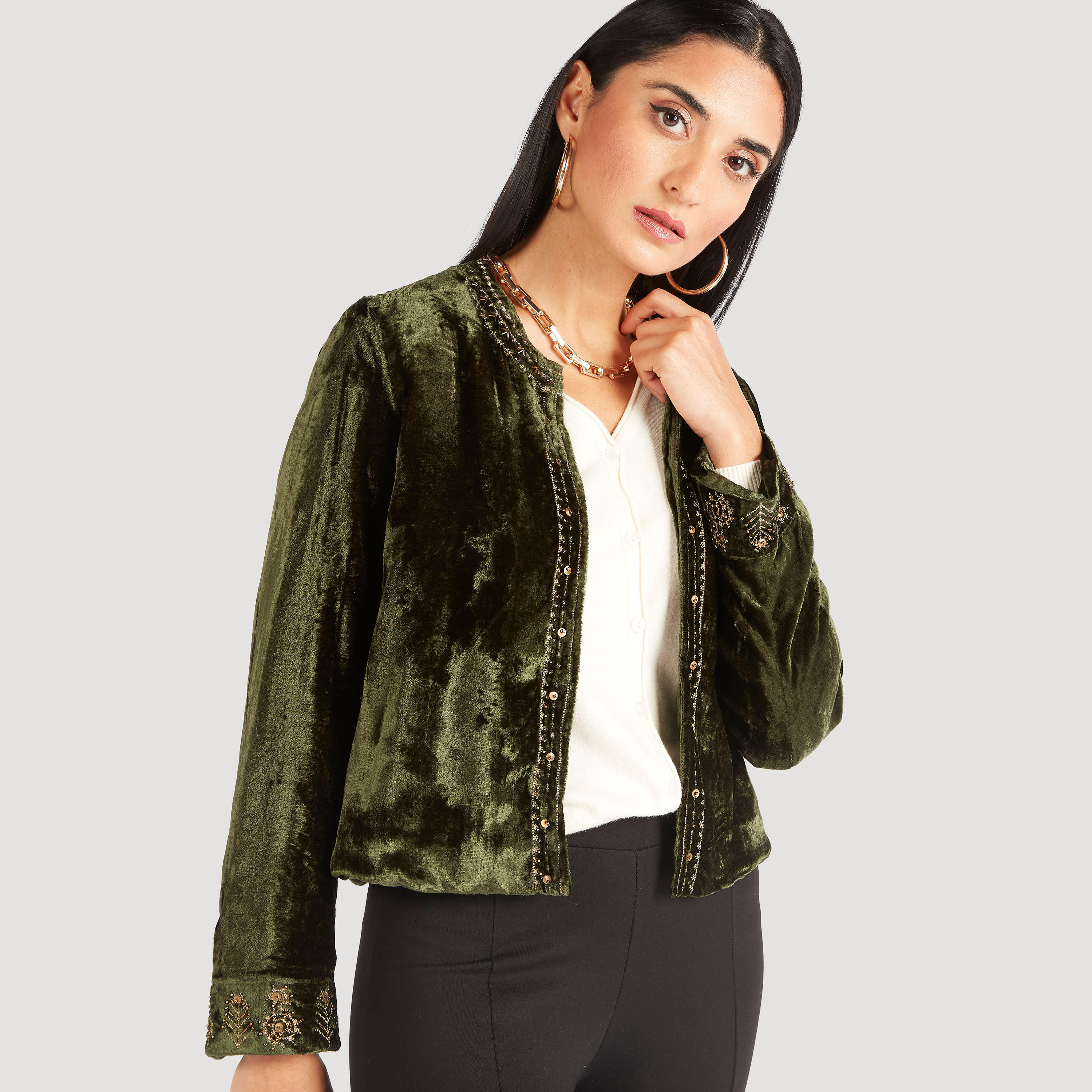 جاكيت بارز الملمس مفتوح من الأمام بتفاصيل مزينة وأكمام طويلة-women-winterwear-coatsandjackets-jackets-image-1