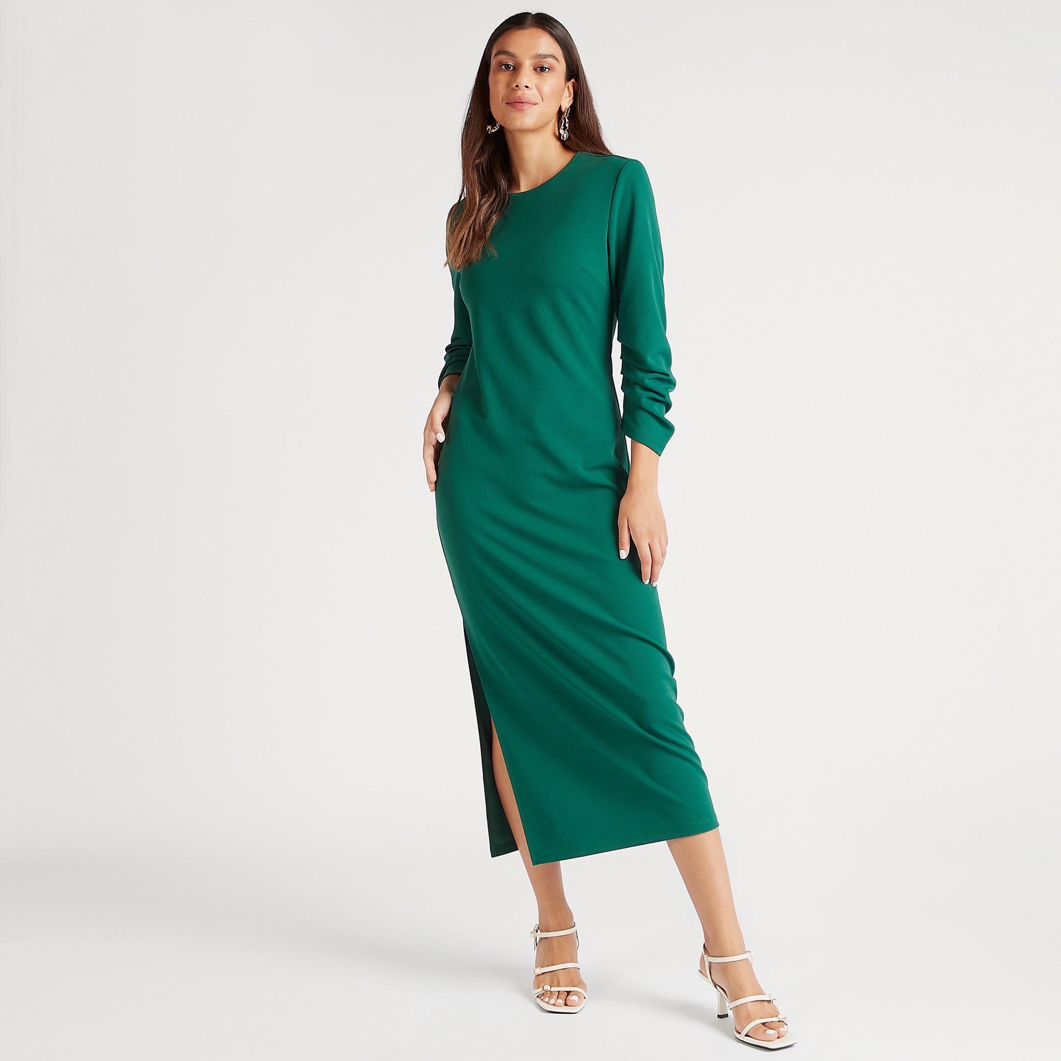 فستان سادة واسع ميدي بأكمام قصيرة وفتحة جانبيّة-women-clothing-dresses-image-4