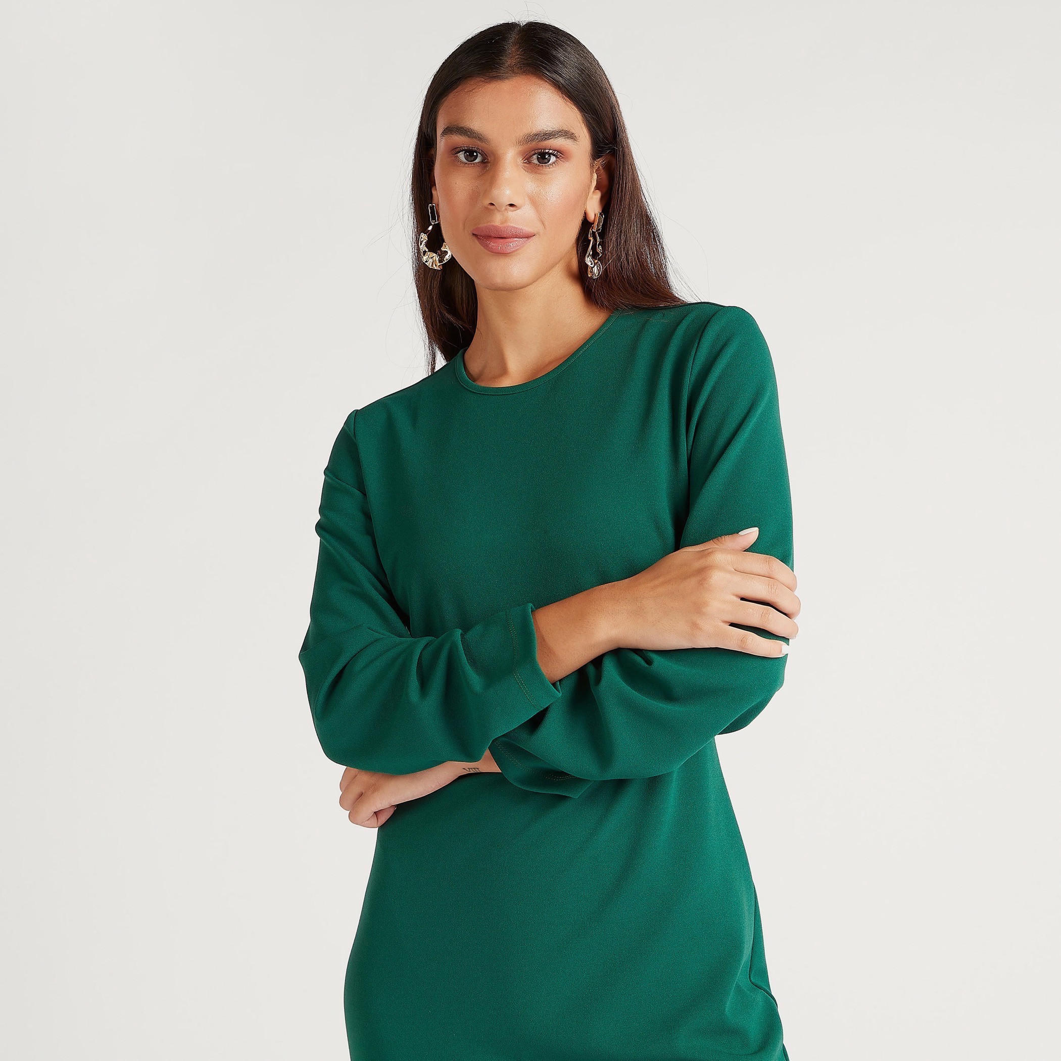 فستان سادة واسع ميدي بأكمام قصيرة وفتحة جانبيّة-women-clothing-dresses-image-3