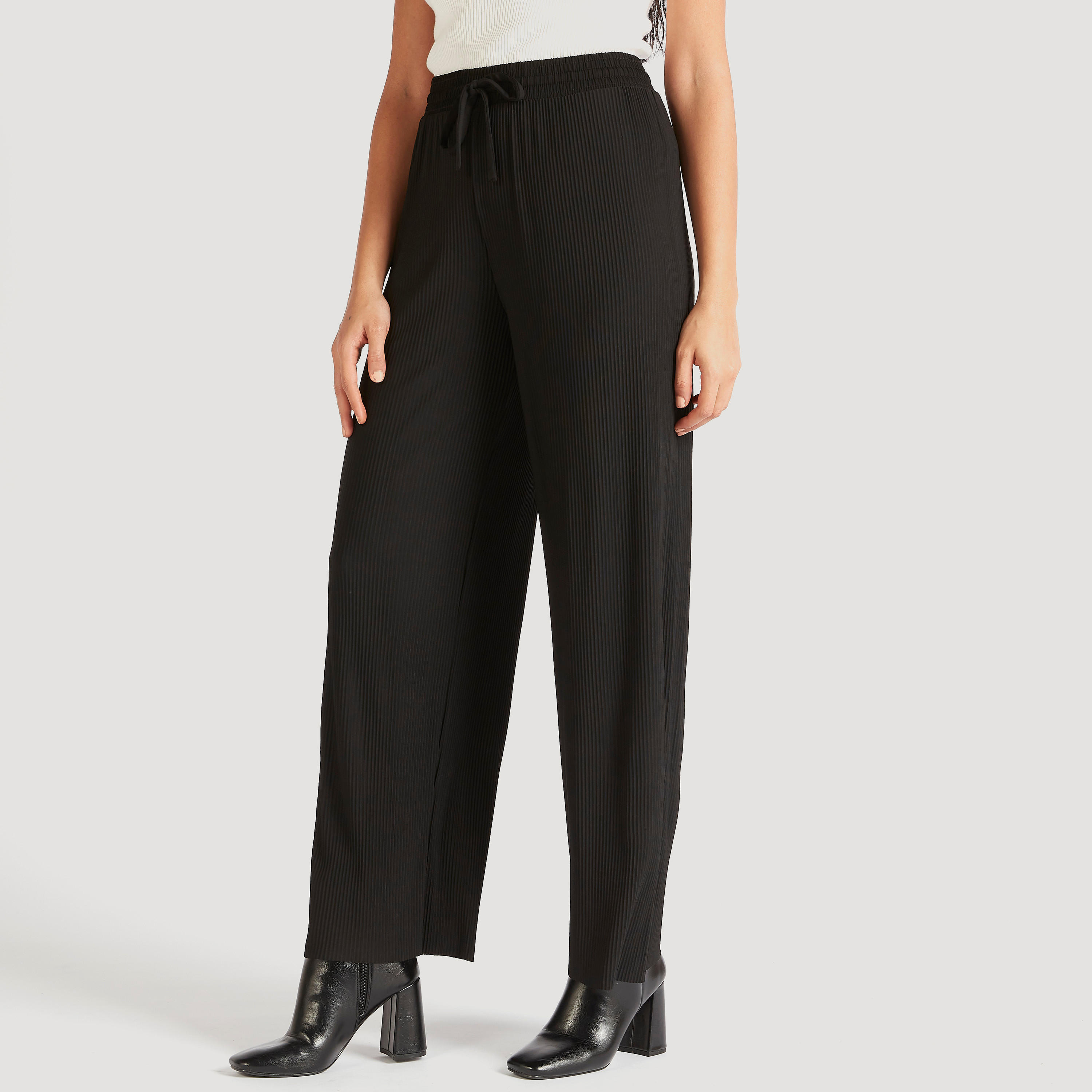 Ribbed Wide Leg Trousers with Drawstring Closure-women-clothing-bottoms-trousers-image-1