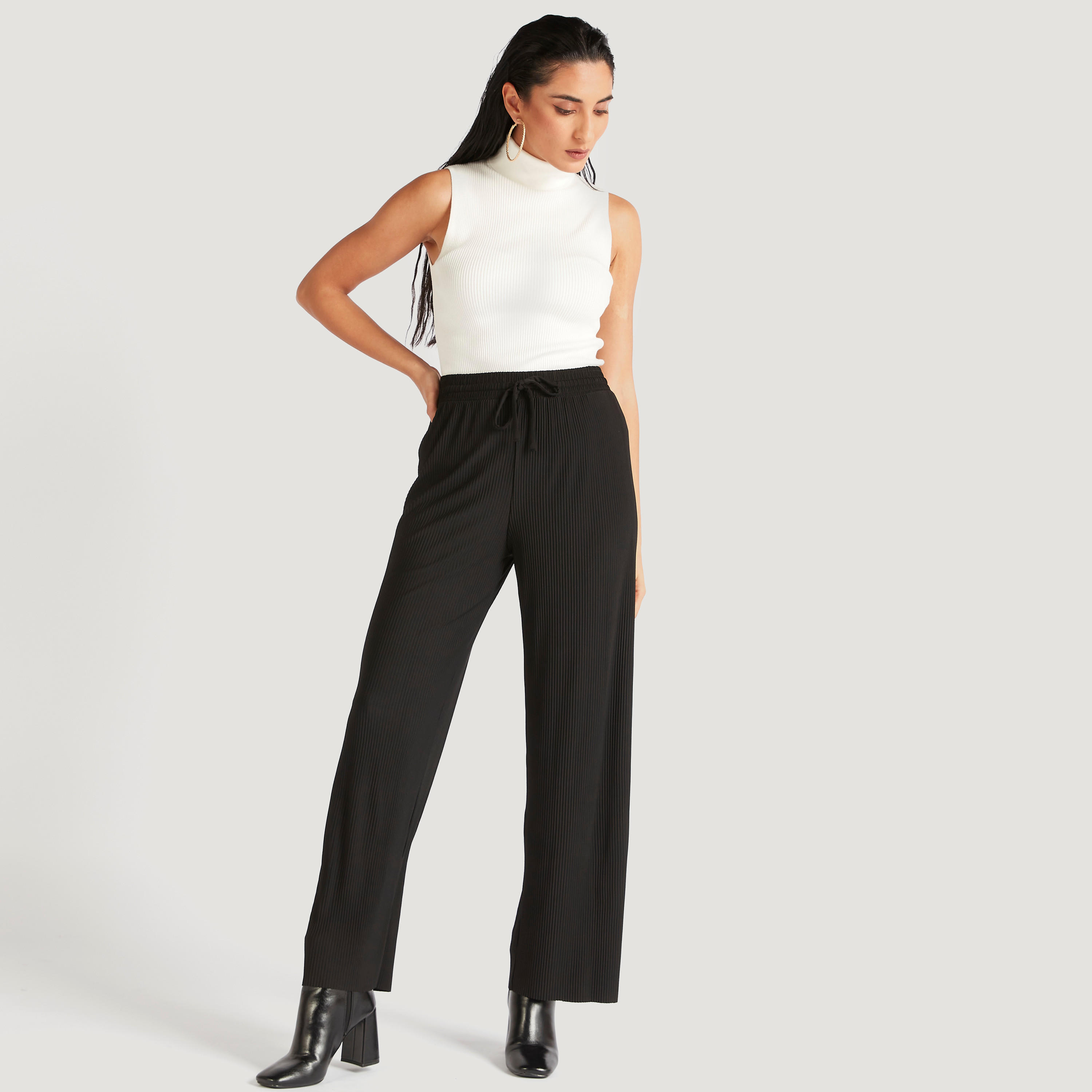 Ribbed Wide Leg Trousers with Drawstring Closure-women-clothing-bottoms-trousers-image-5