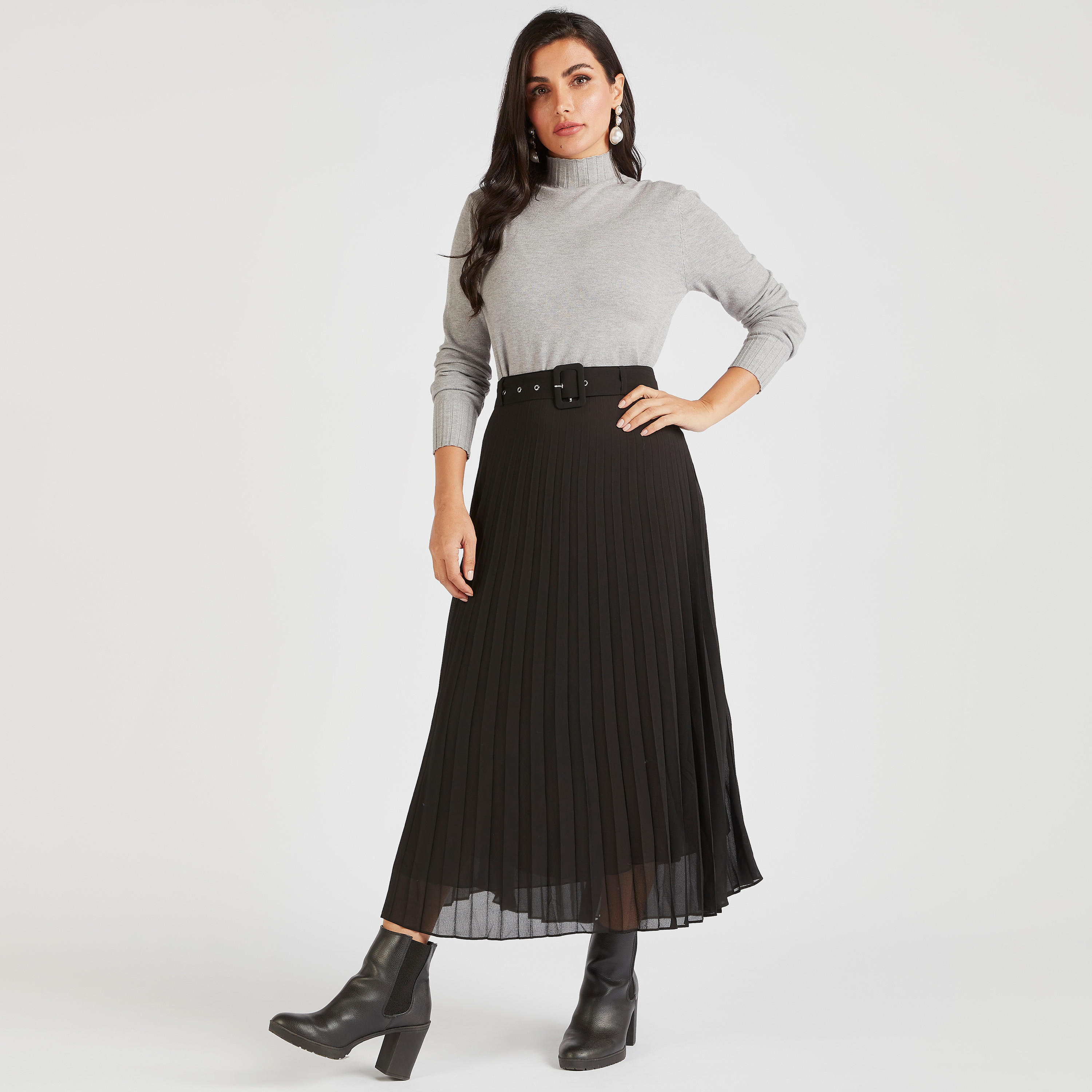 تنّورة طويلة إيه لاين بكُسرات مع حزام-women-clothing-bottoms-skirts-image-2