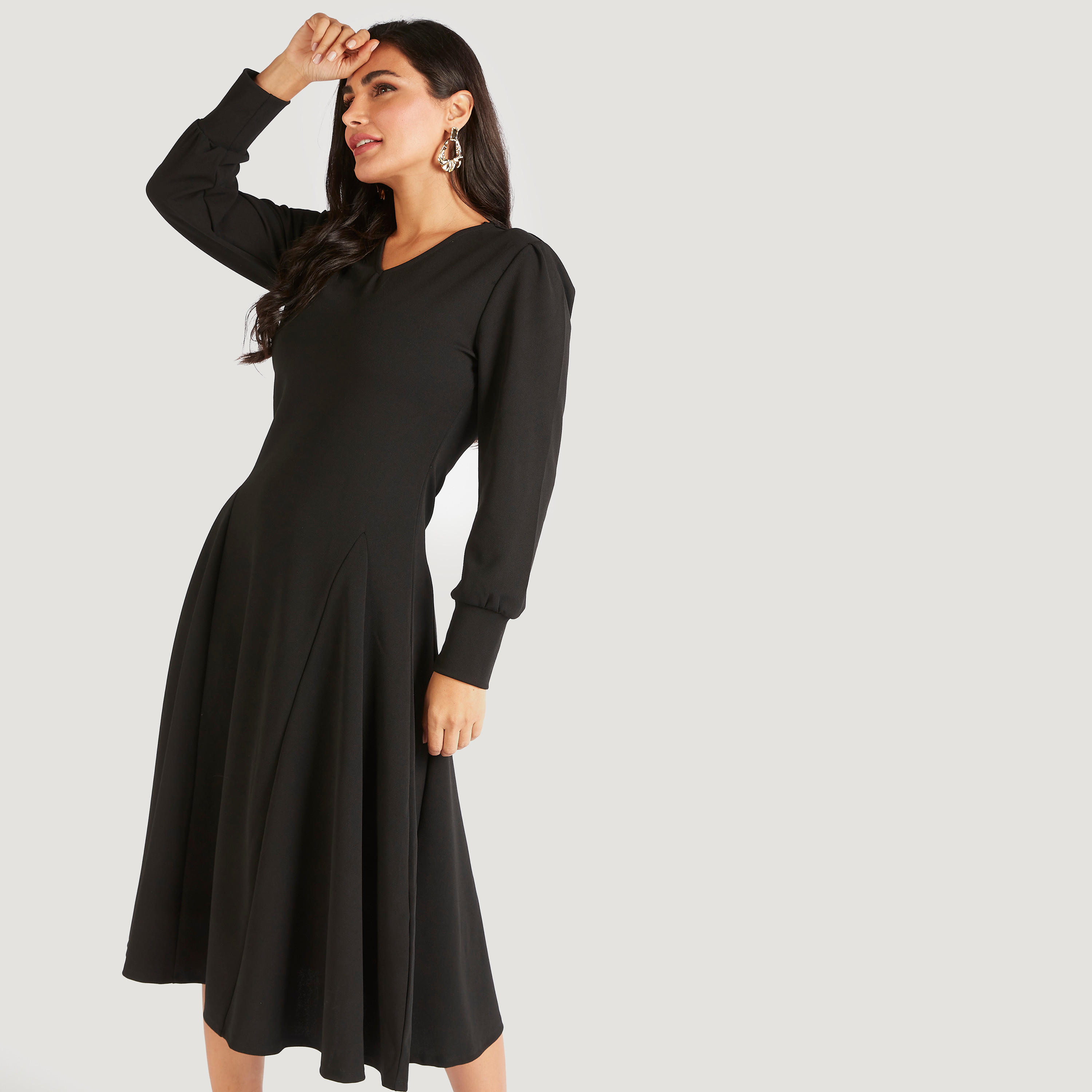 Solid Midi A-line Dress with Long Sleeves-women-clothing-dresses-image-1
