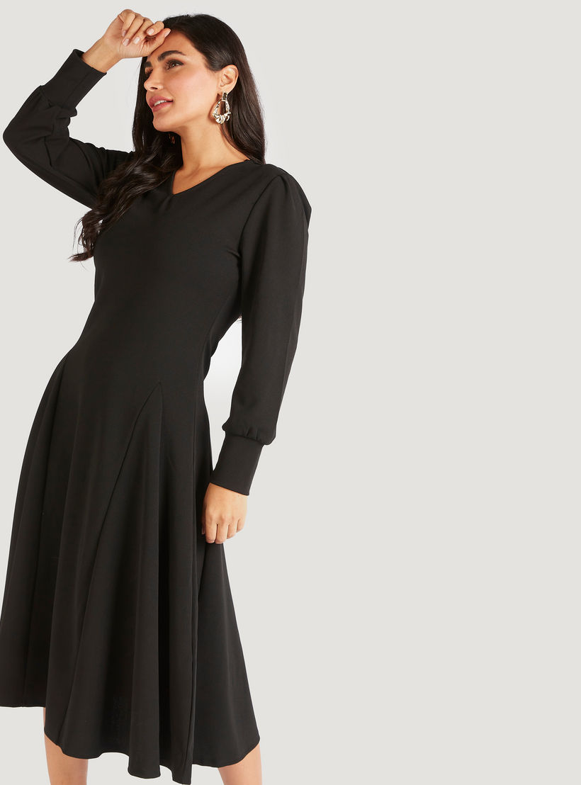 Solid Midi A-line Dress with Long Sleeves-women-clothing-dresses-image-1