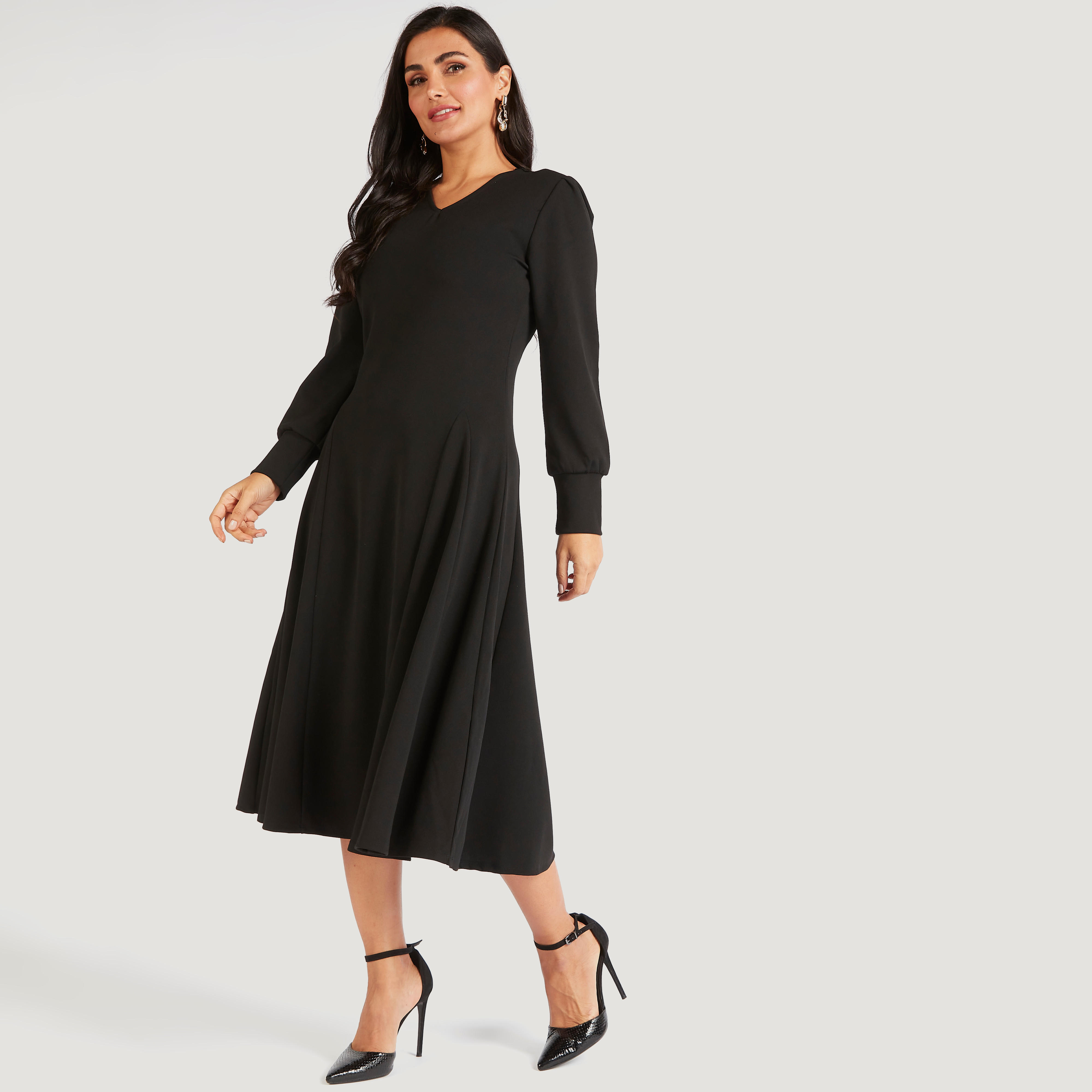 Solid Midi A-line Dress with Long Sleeves-women-clothing-dresses-image-2