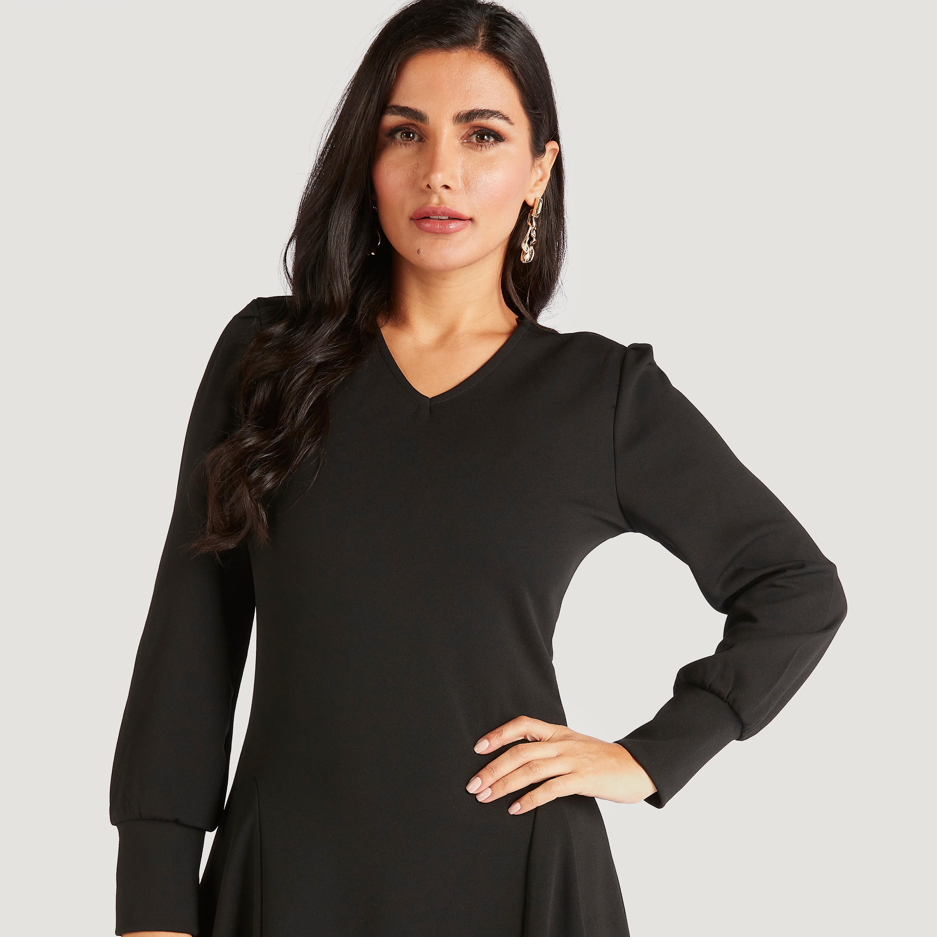 Solid Midi A-line Dress with Long Sleeves-women-clothing-dresses-image-3