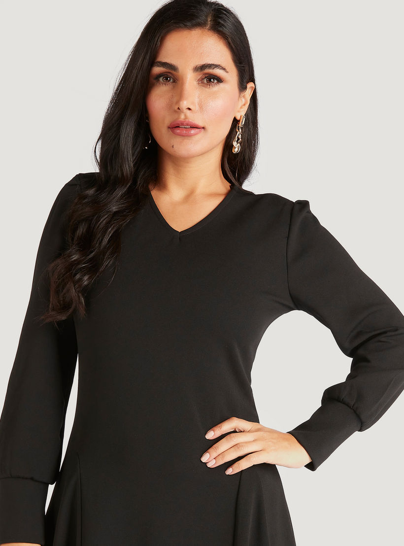 Solid Midi A-line Dress with Long Sleeves-women-clothing-dresses-image-3