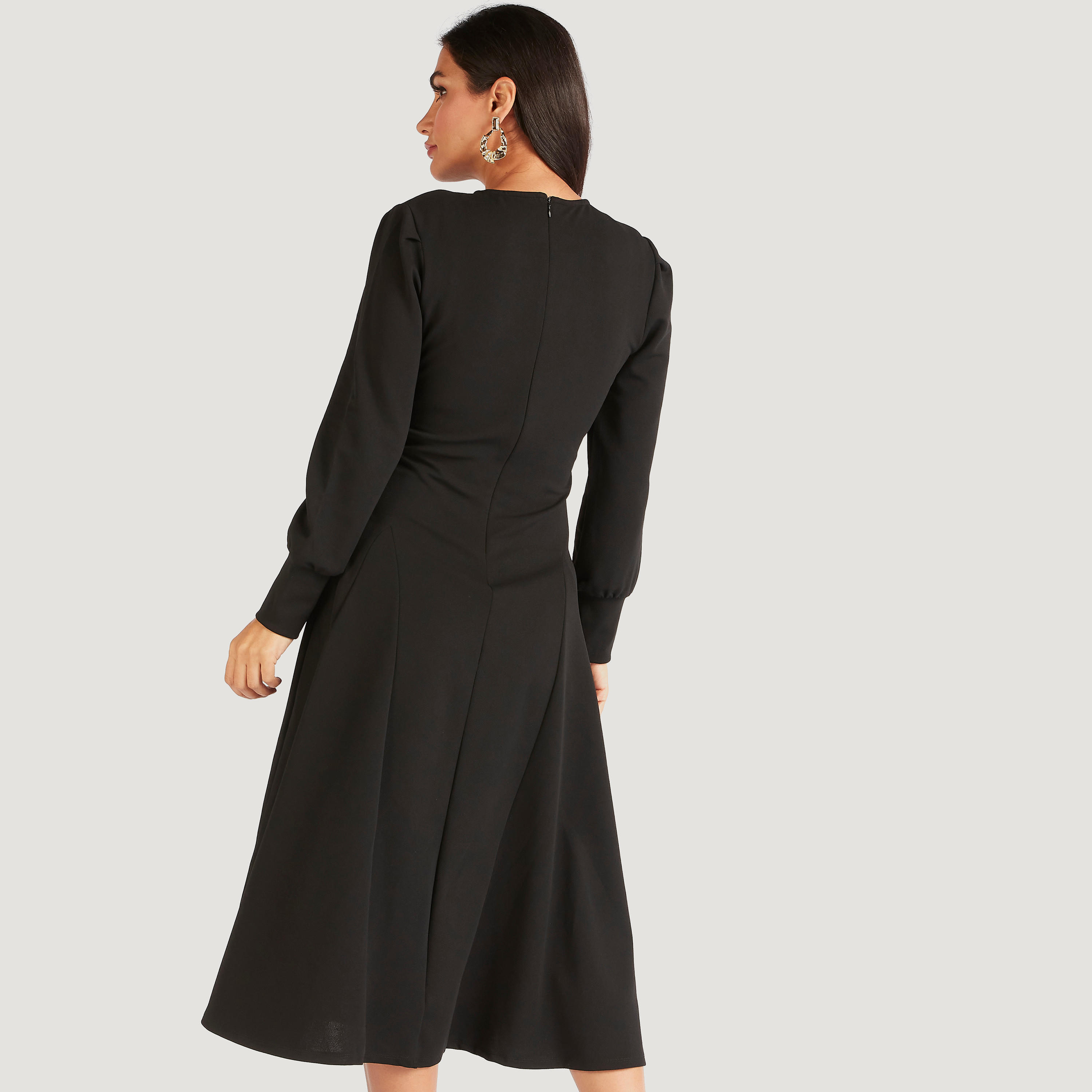 Solid Midi A-line Dress with Long Sleeves-women-clothing-dresses-image-4