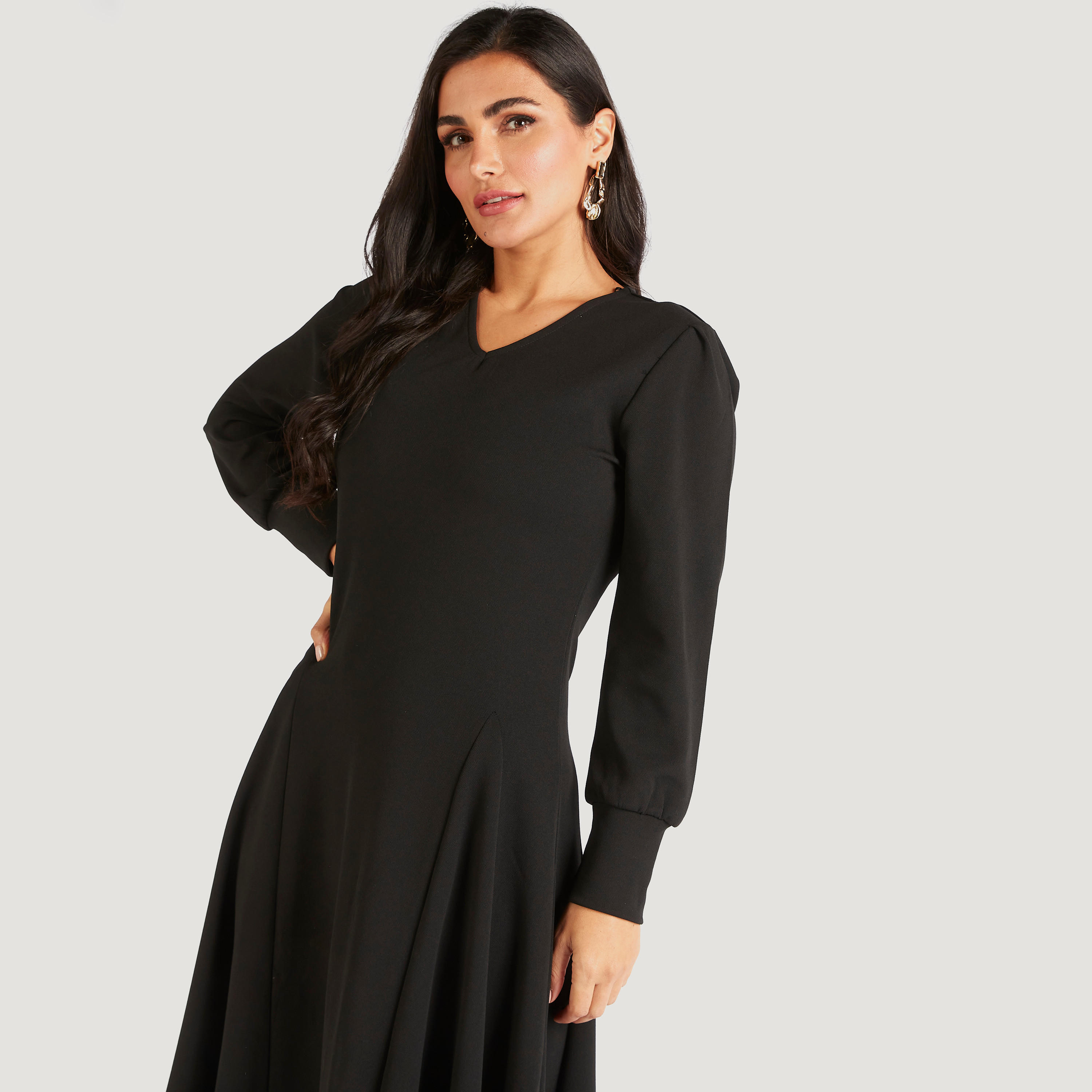 Solid Midi A-line Dress with Long Sleeves-women-clothing-dresses-image-5